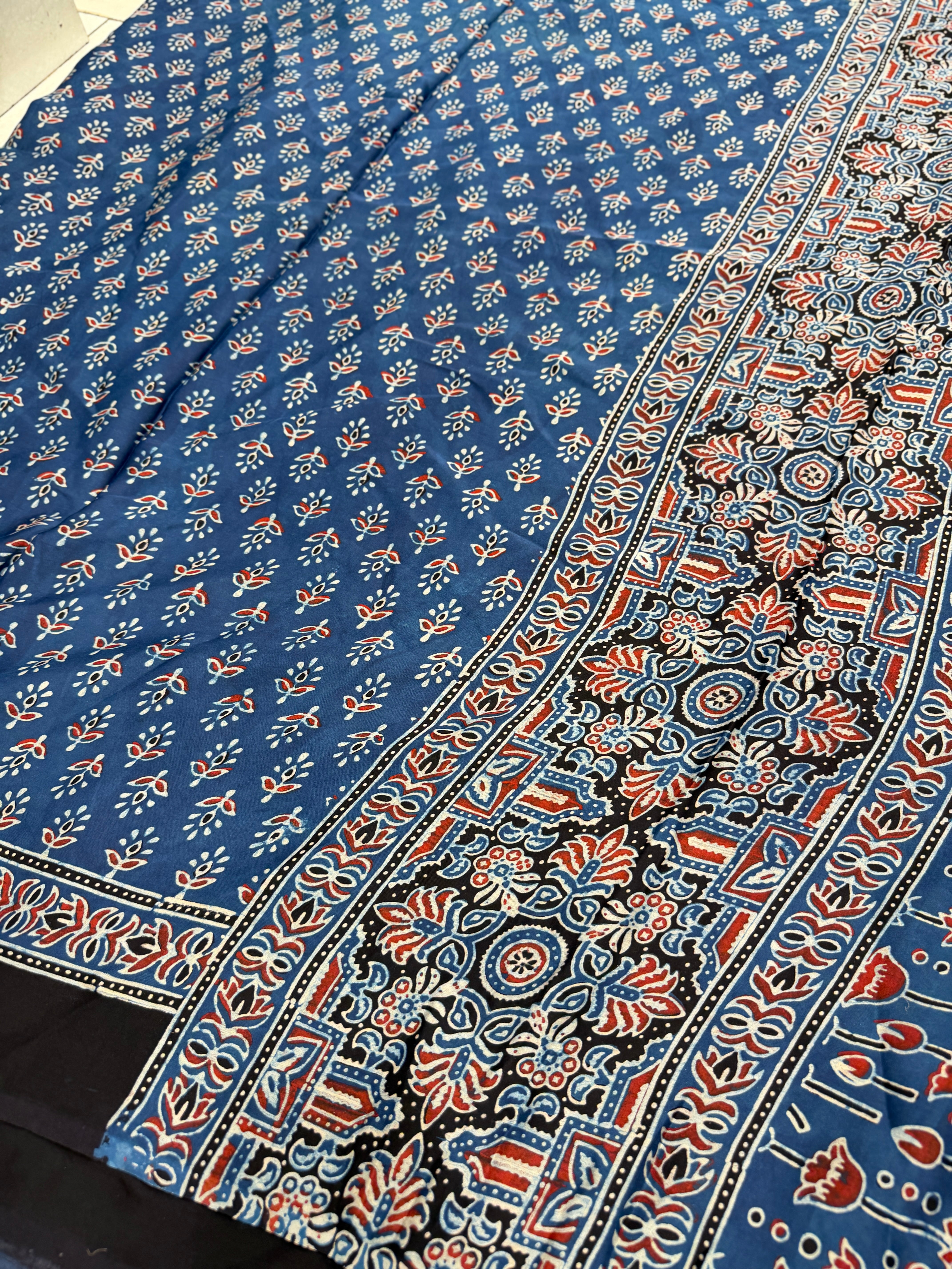 Blue Diya Buttis Ajrakh Hand Block Print Pure Gajji Silk Saree