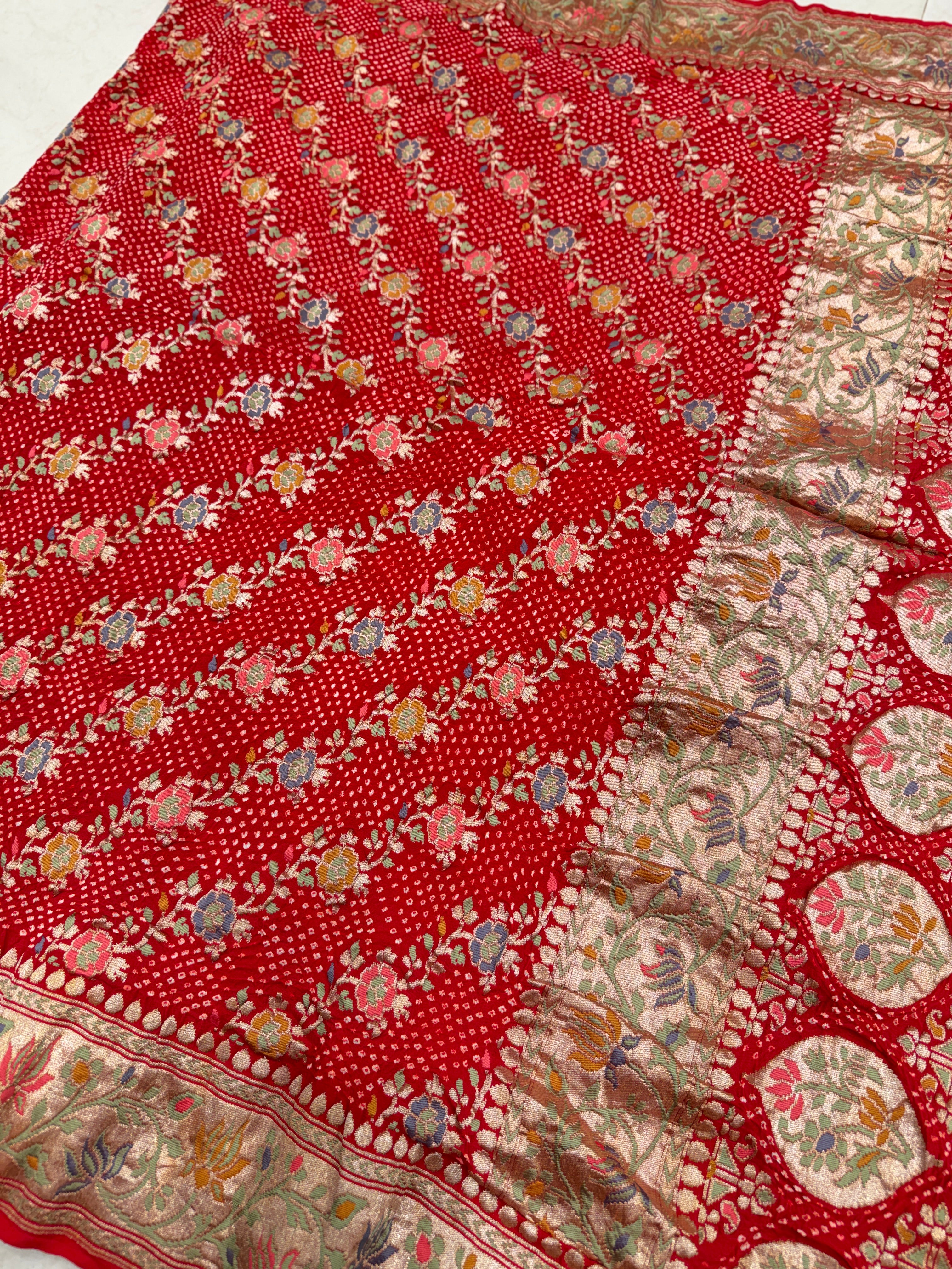 Red Meenakari Floral Leheriya Rai Bandhej Bandhini Georgette Saree