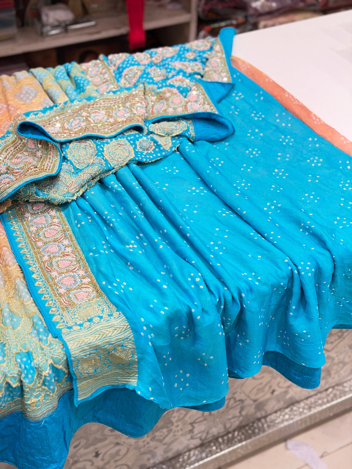 Pastel Shaded Bandhej Hand Embroidery Moti Zardosi Saree