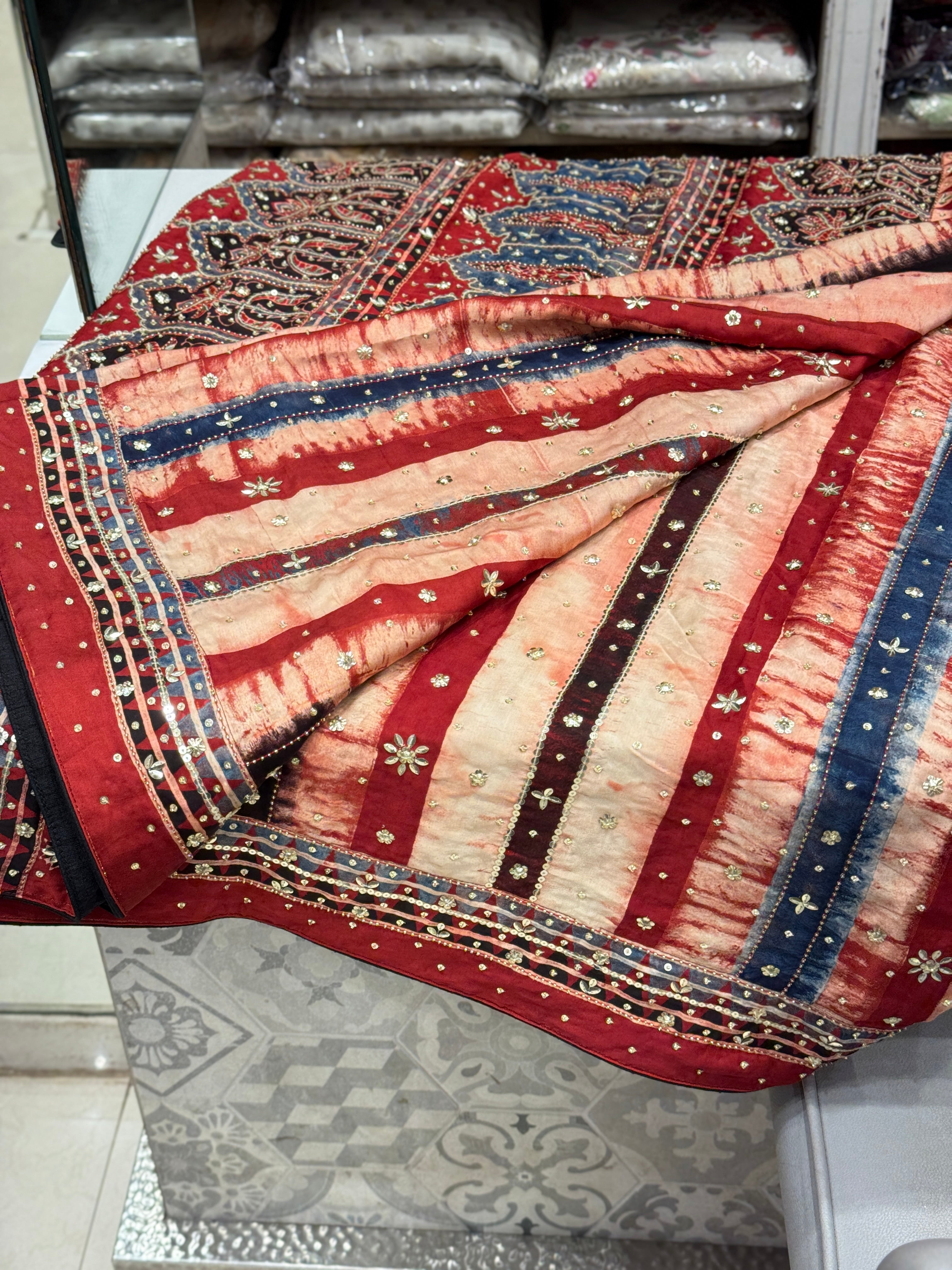 Ajrakh Hand Embroidery Sequin Saree Contemporary