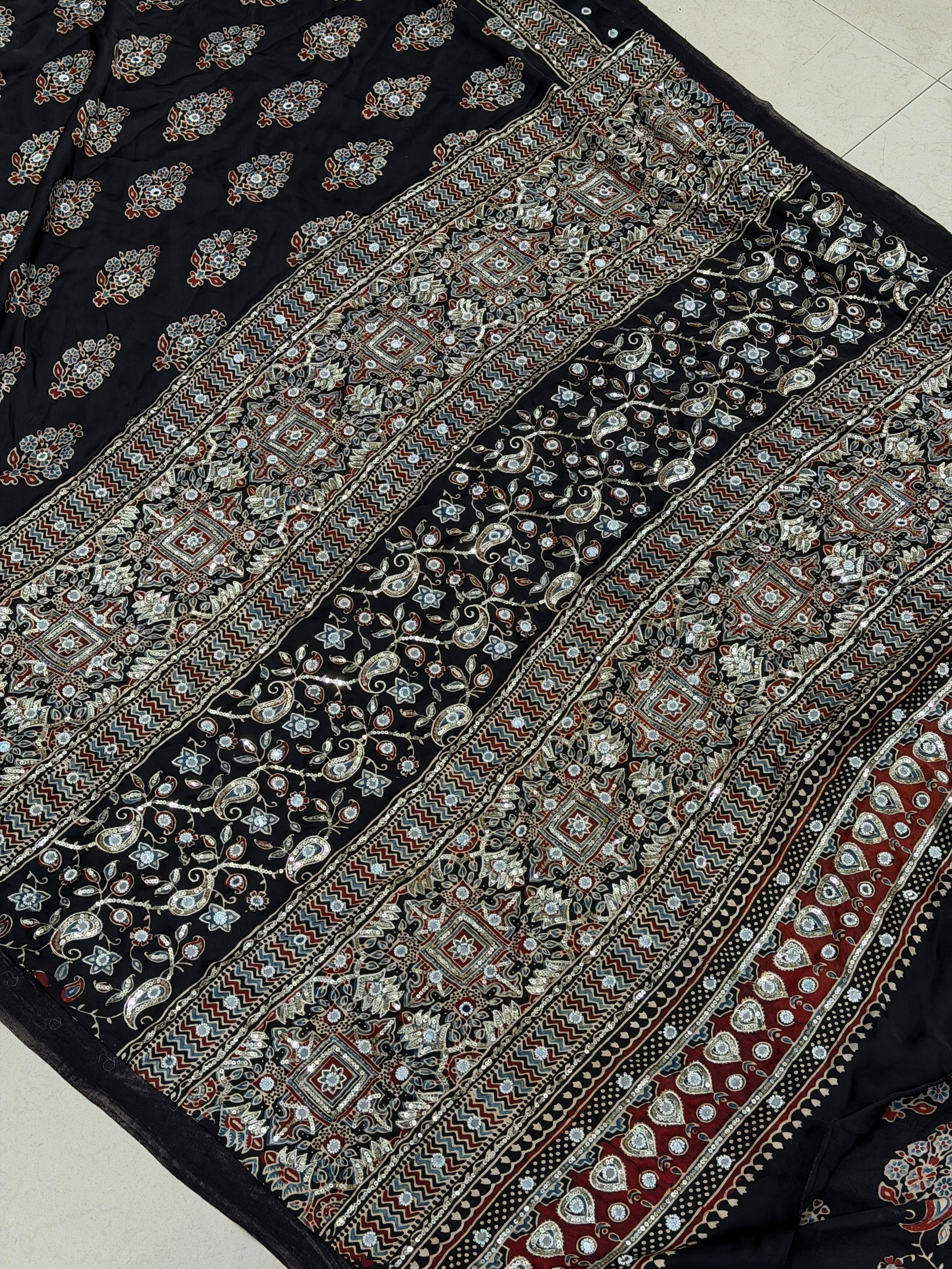 Black Ajrakh Butta Real Mirror Moti Sequin Hand Embroidery Saree