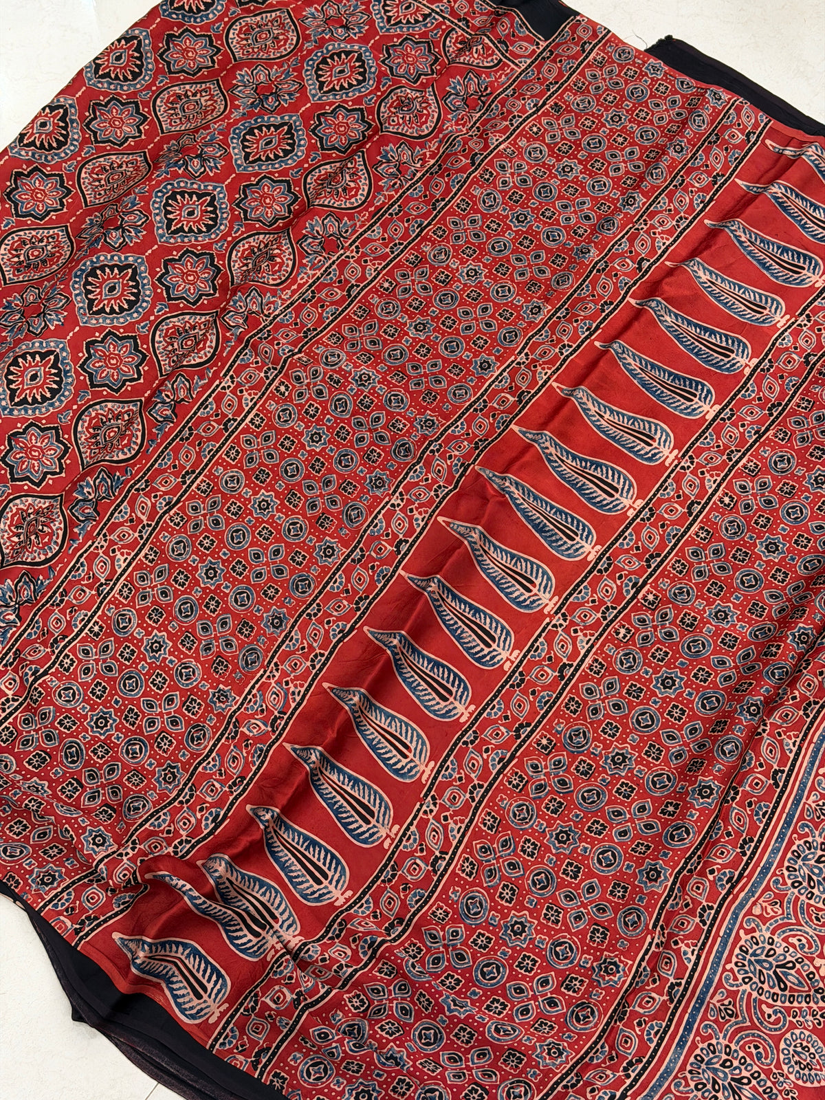 Red Badam Butta Jaal Ajrakh Hand Block Print Pure Gajji Silk Saree