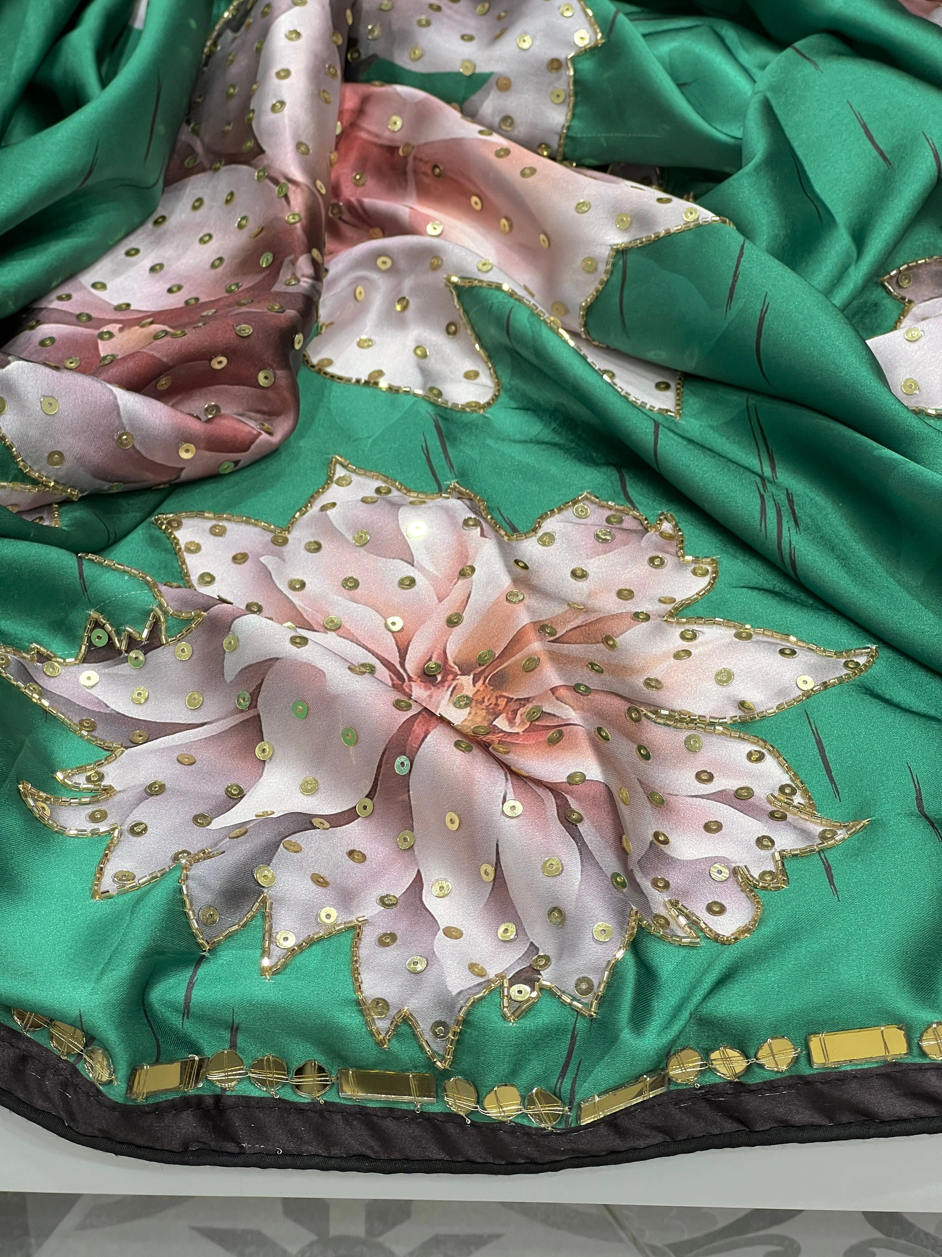 Green Satin Hand Embroidery Saree