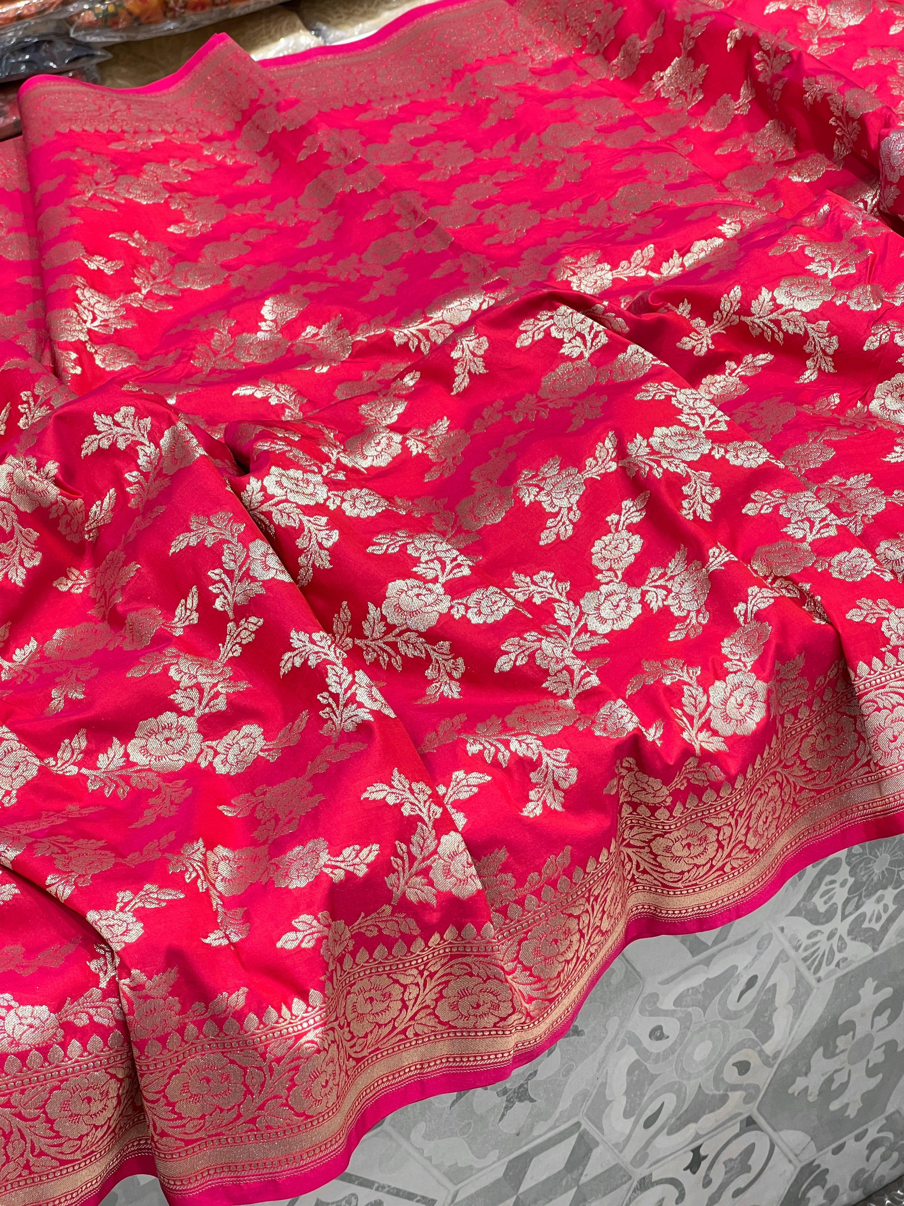 Pink Banarasi Silk Rose Jaal Saree