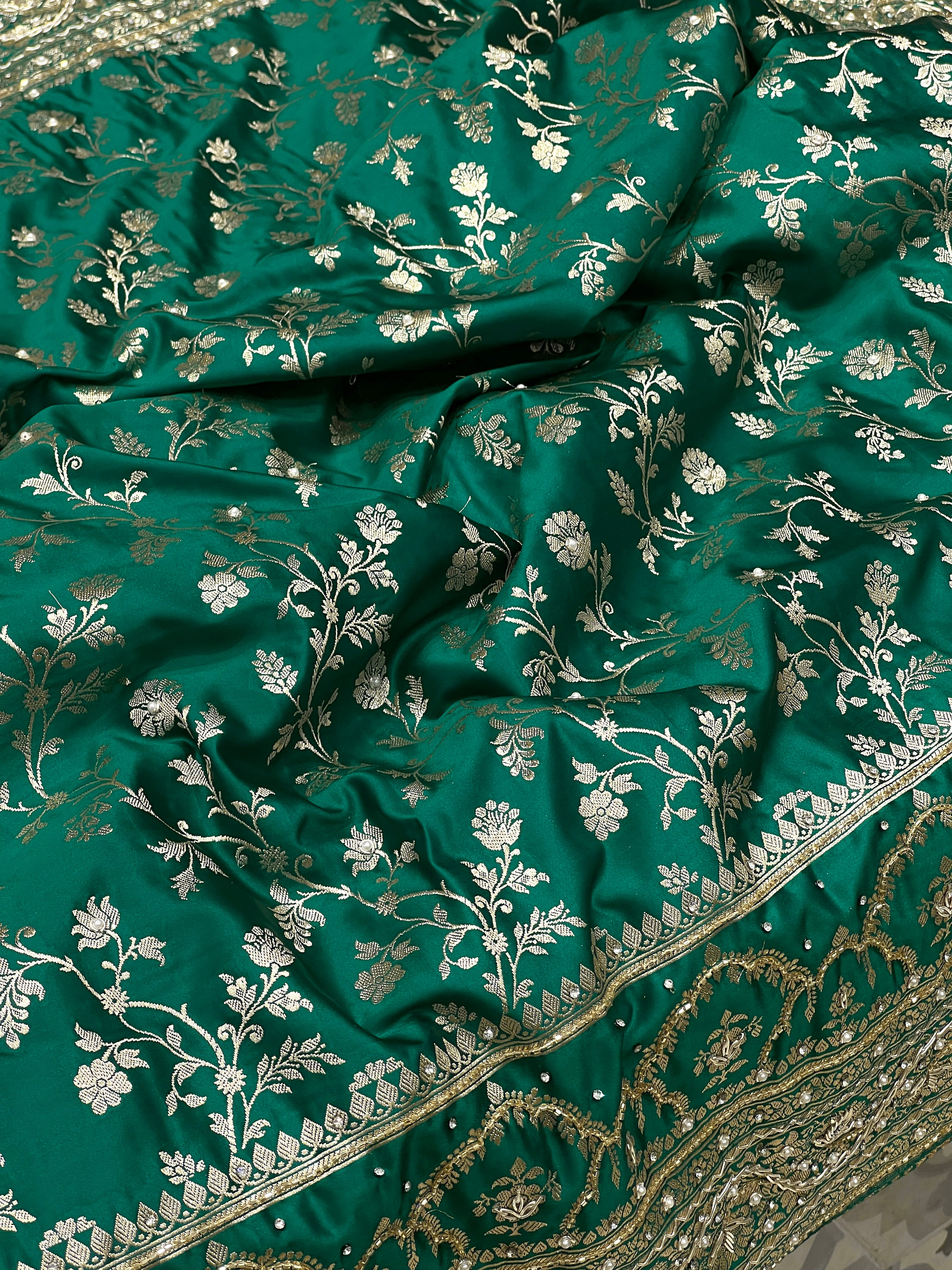 Warm Teal Green Banarasi Chain Embroidery Saree