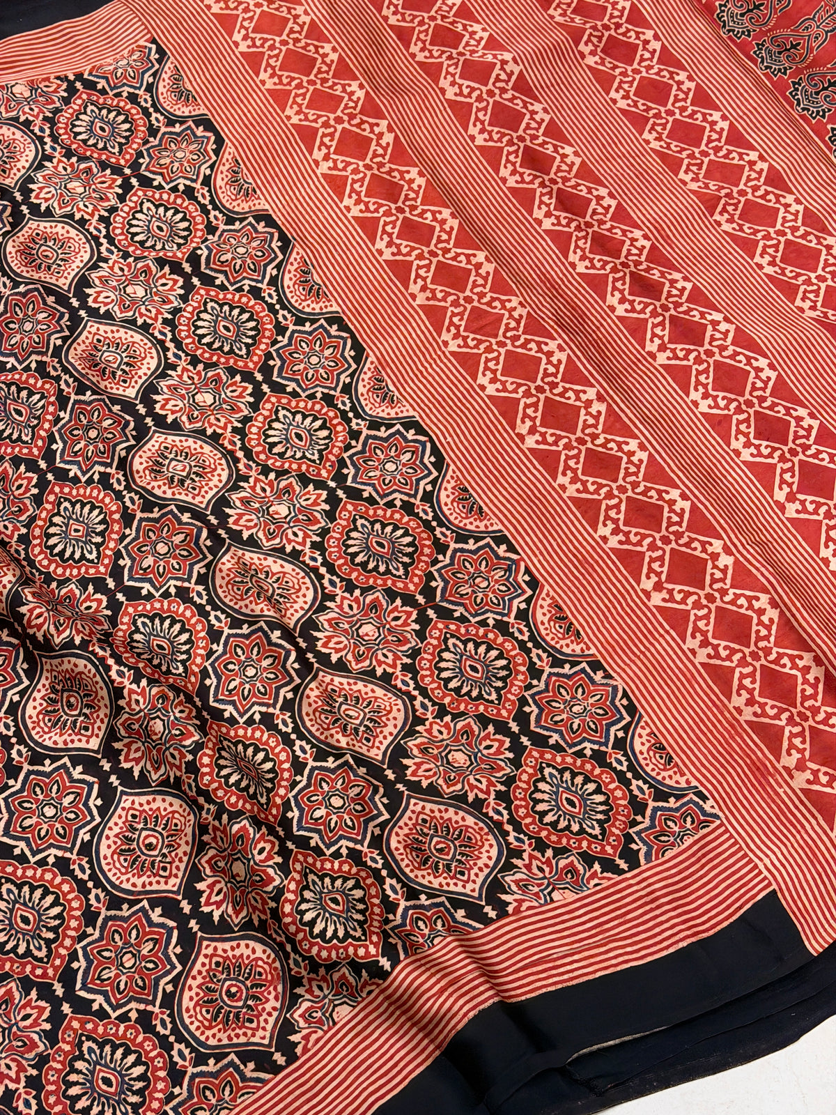 Red Badam Butta Jaal Ajrakh Hand Block Print Pure Gajji Silk Saree