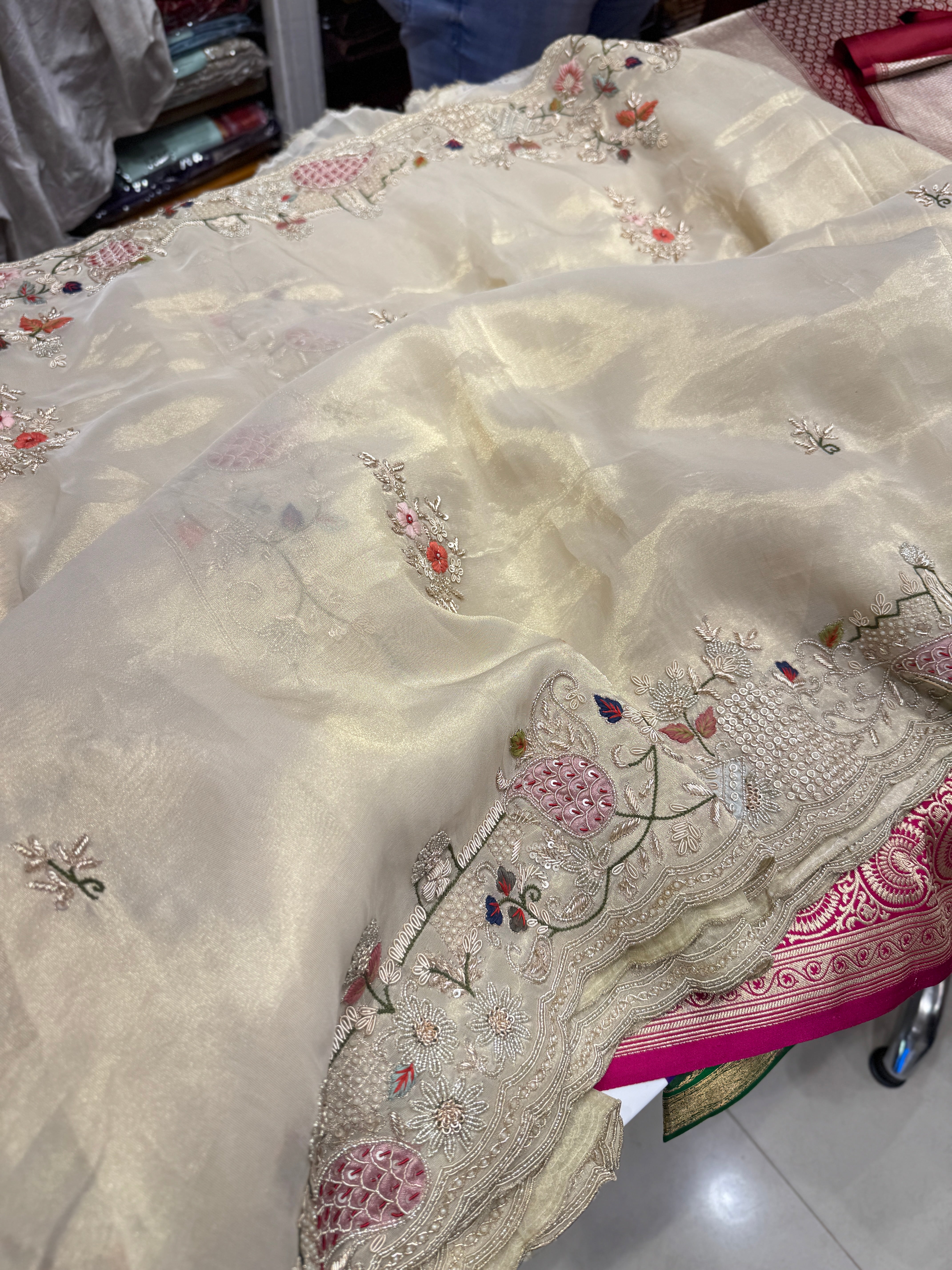 Tissue Hand Embroidery Patch Work Zardosi Saree