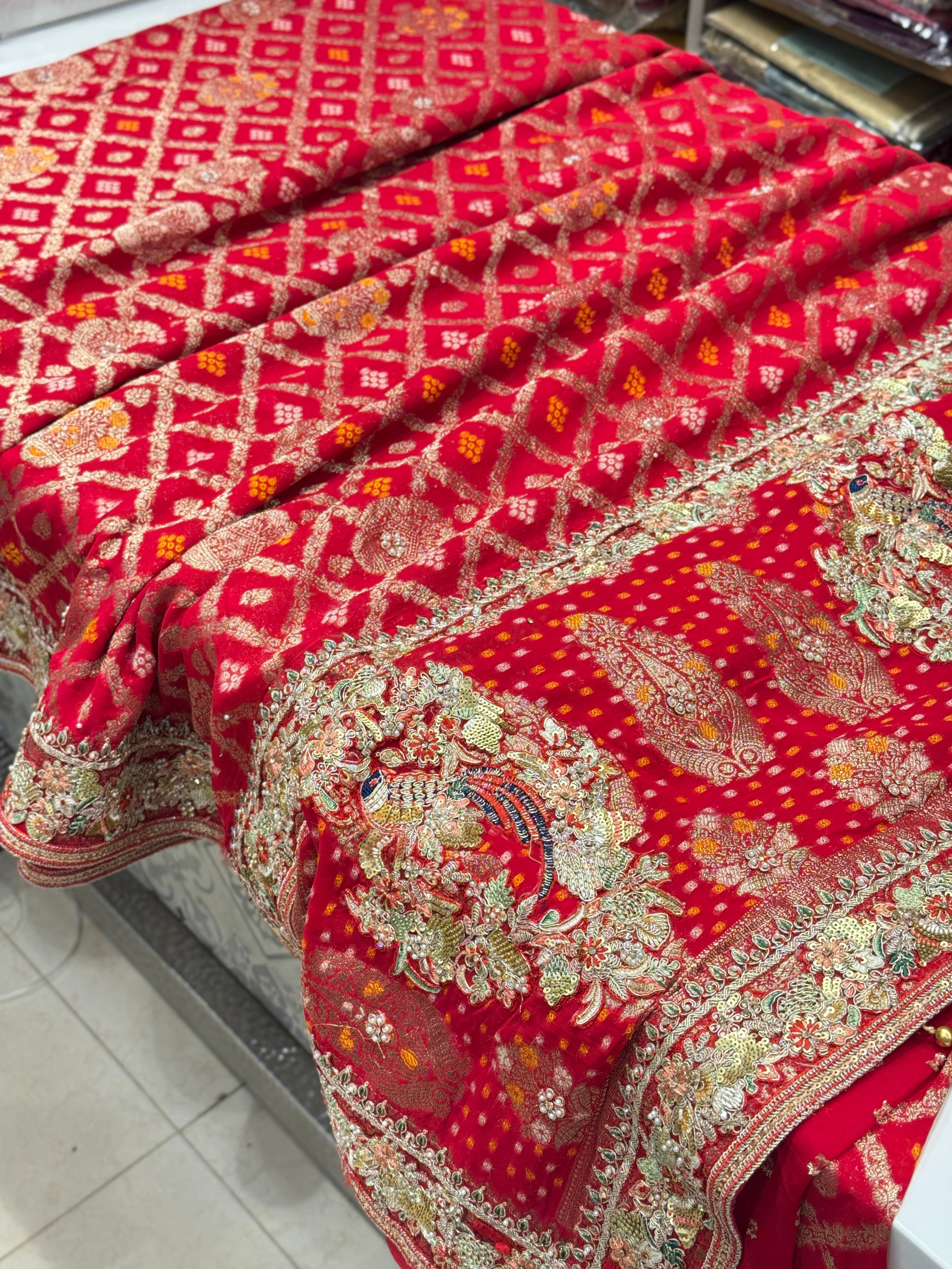 Red Gharchola Floral Embroidered Border Saree