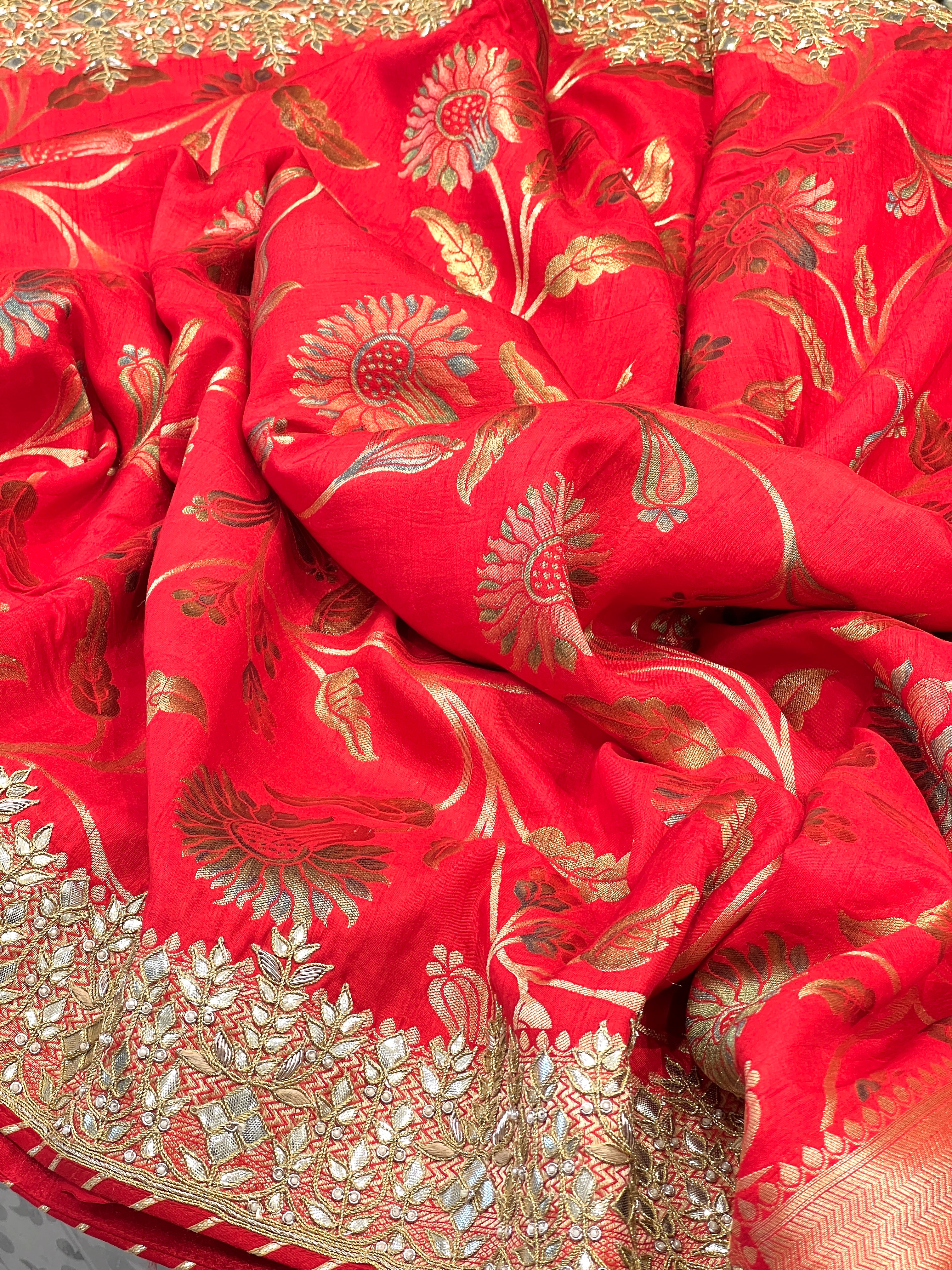 Red Munga Silk Hand Done Gotapatti Saree