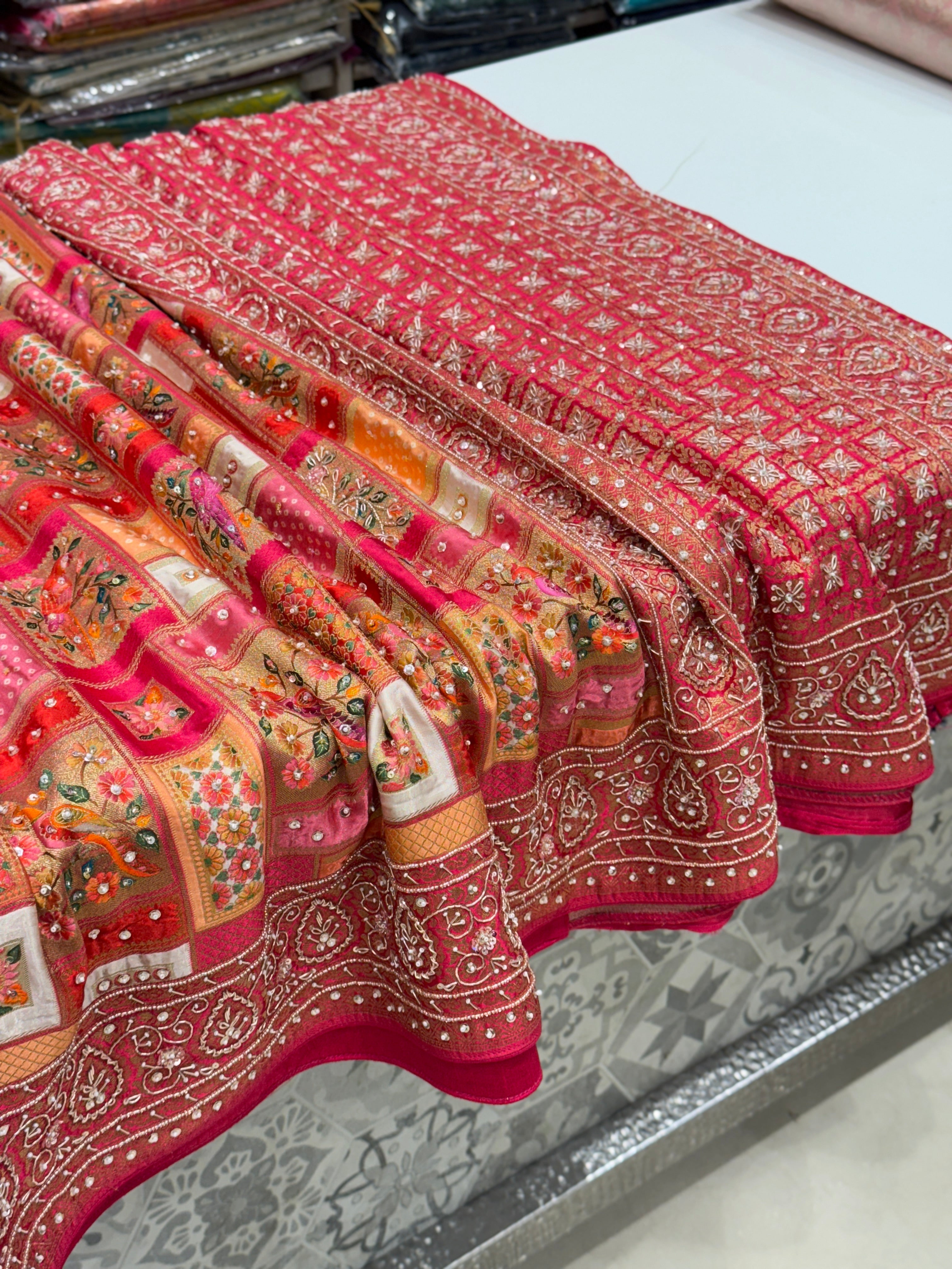 Banarasi Modal Rangkat Peacock Check Hand Embroidery Saree
