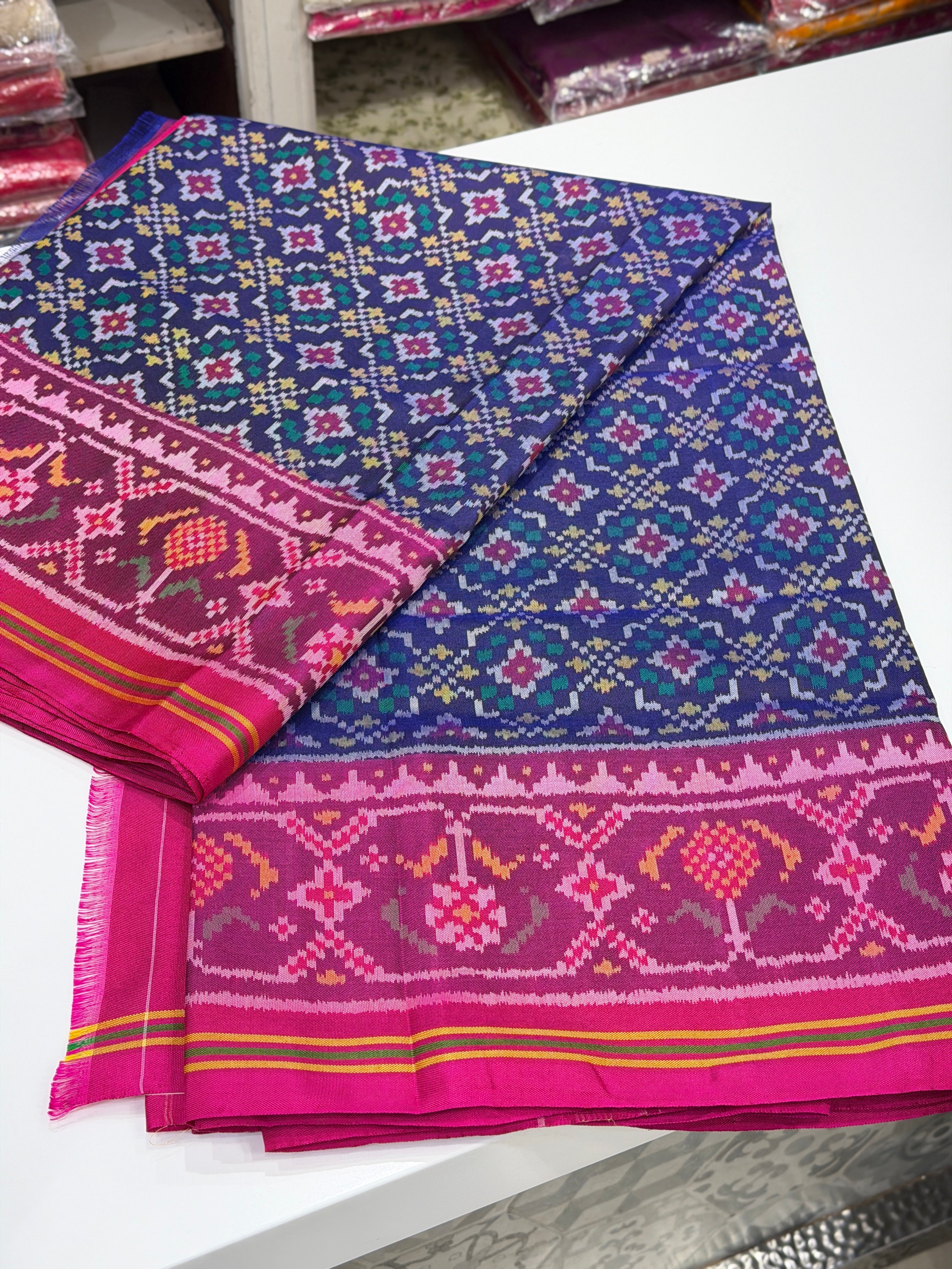 Blue Button Phool Patan Patola Handloom Pure Silk Saree