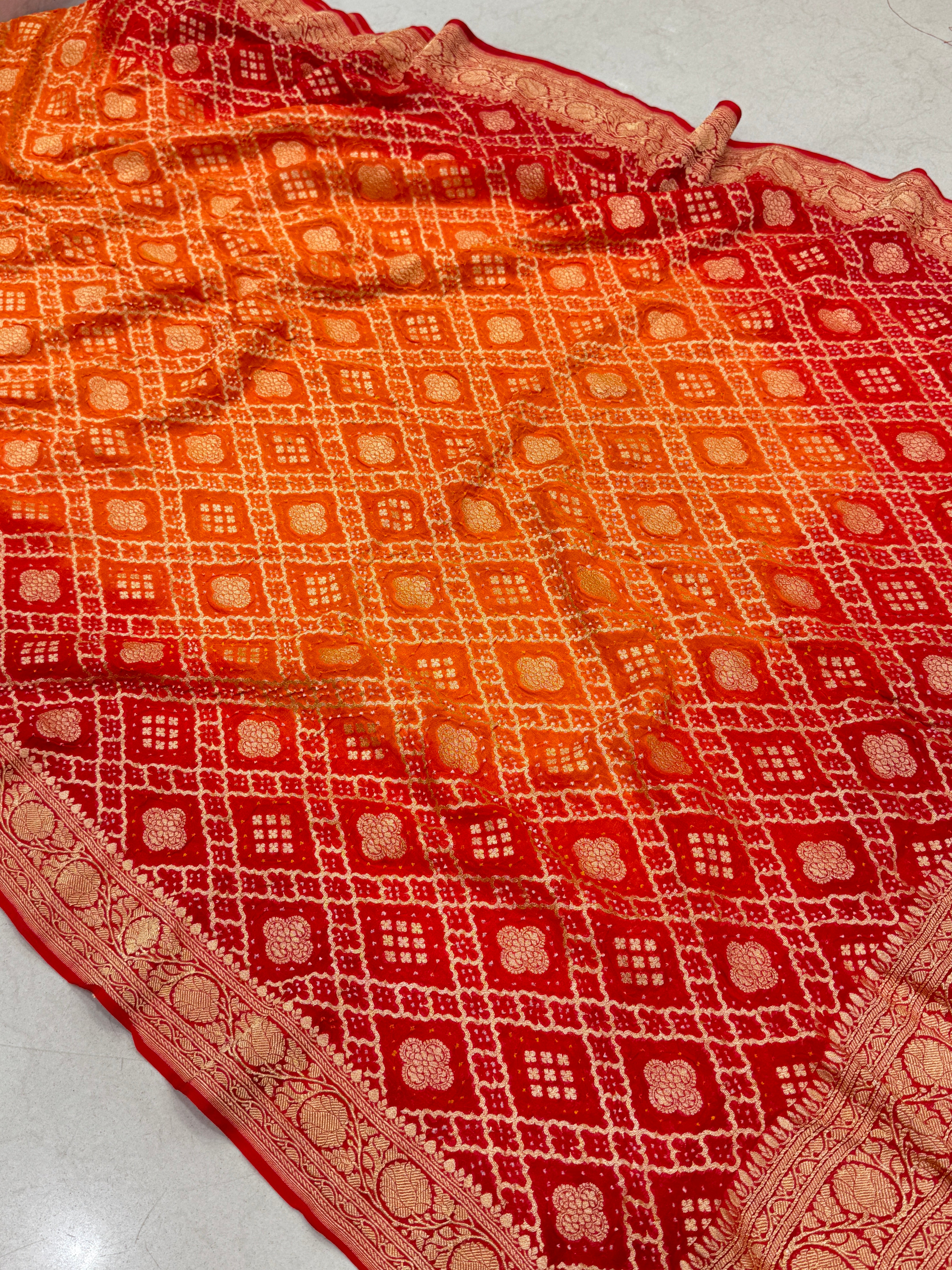 Orange Red Shaded Bandhej Bandhini Saree