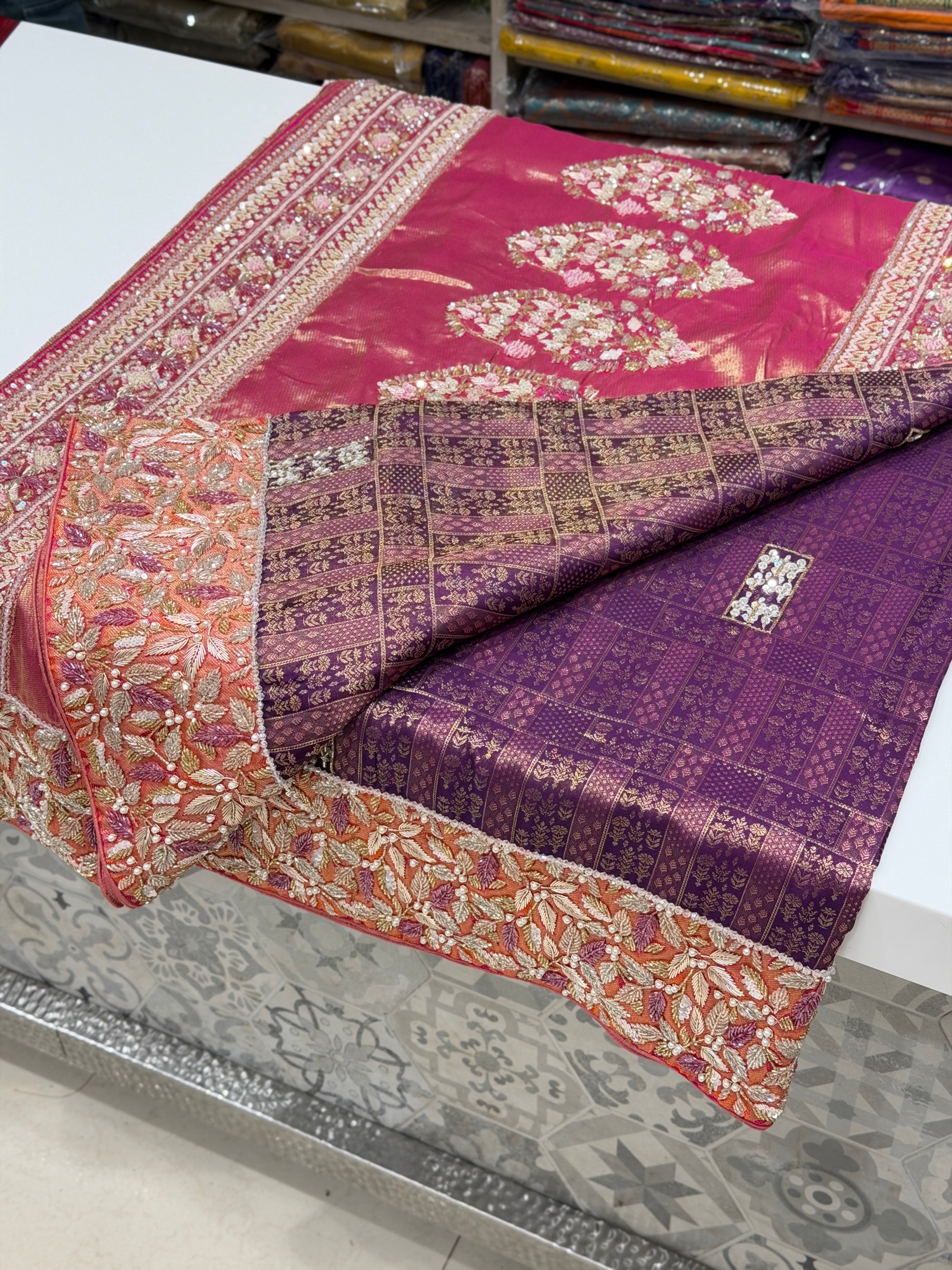 Violet Orange Kanjivaram Zardosi Moti Hand Embroidery Saree with Heavy Blouse
