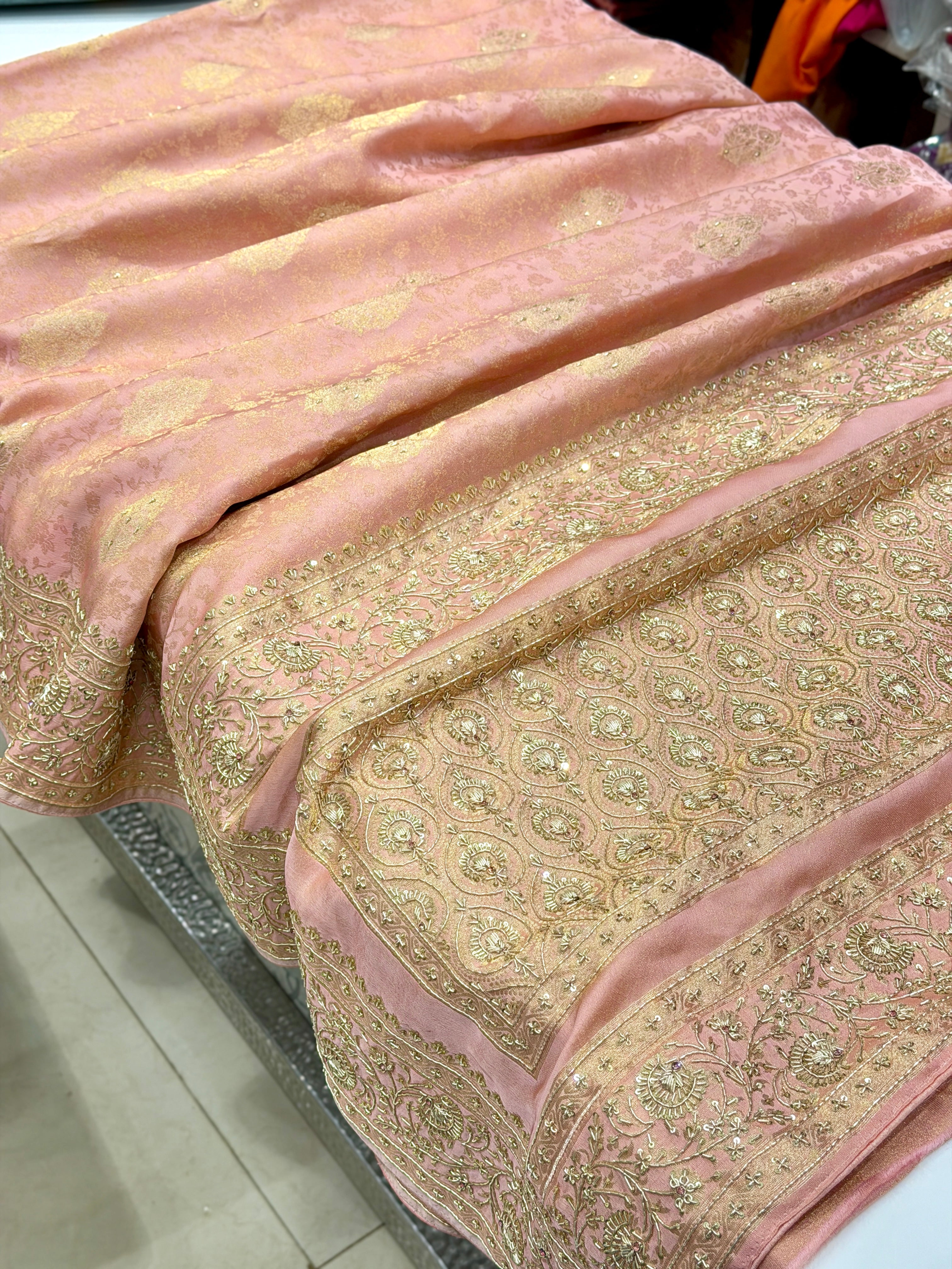 Pink Banarasi Crepe Tissue Zardodi Hand Embroidery Saree