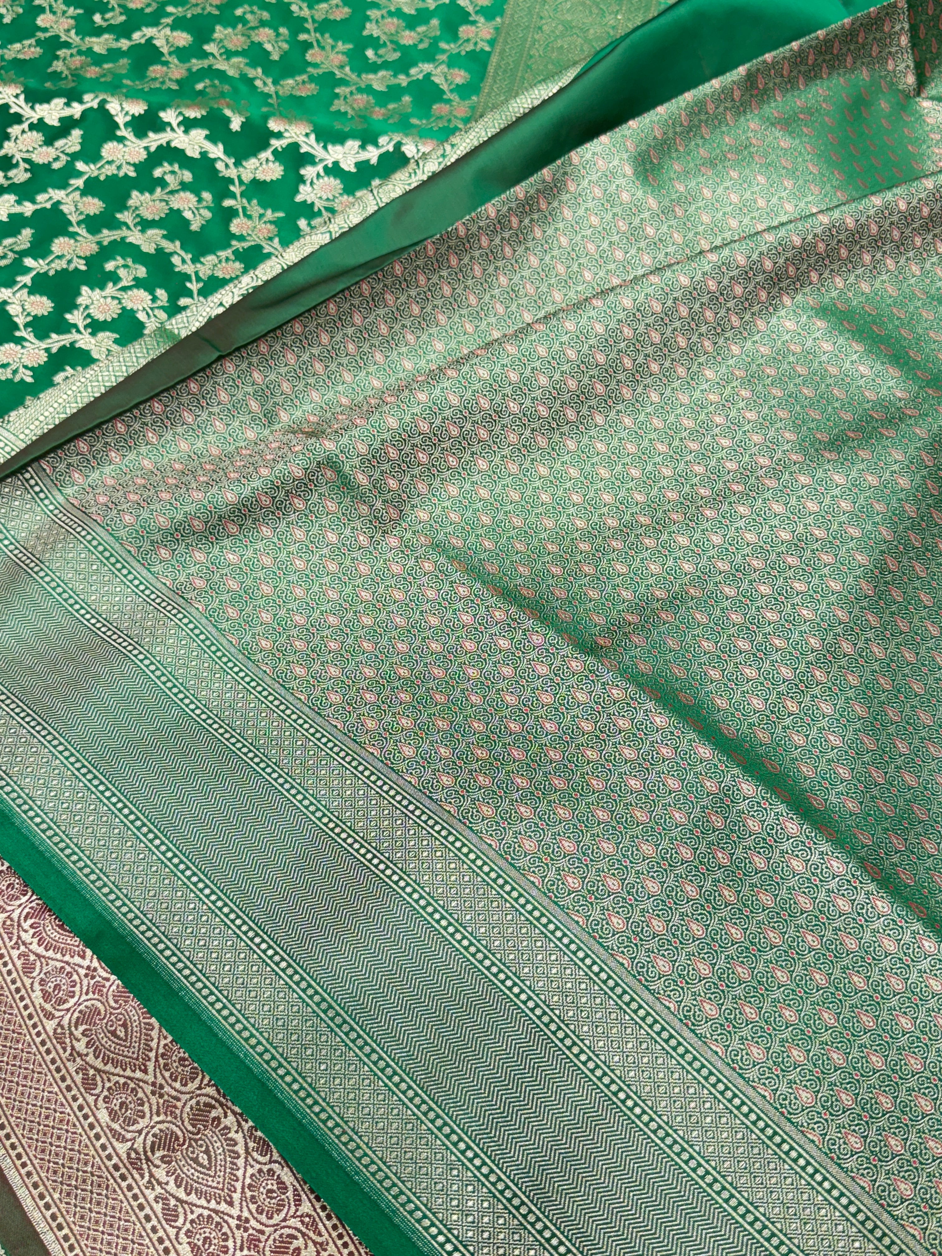 Bottle Green Banarasi Silk Heart Border Saree