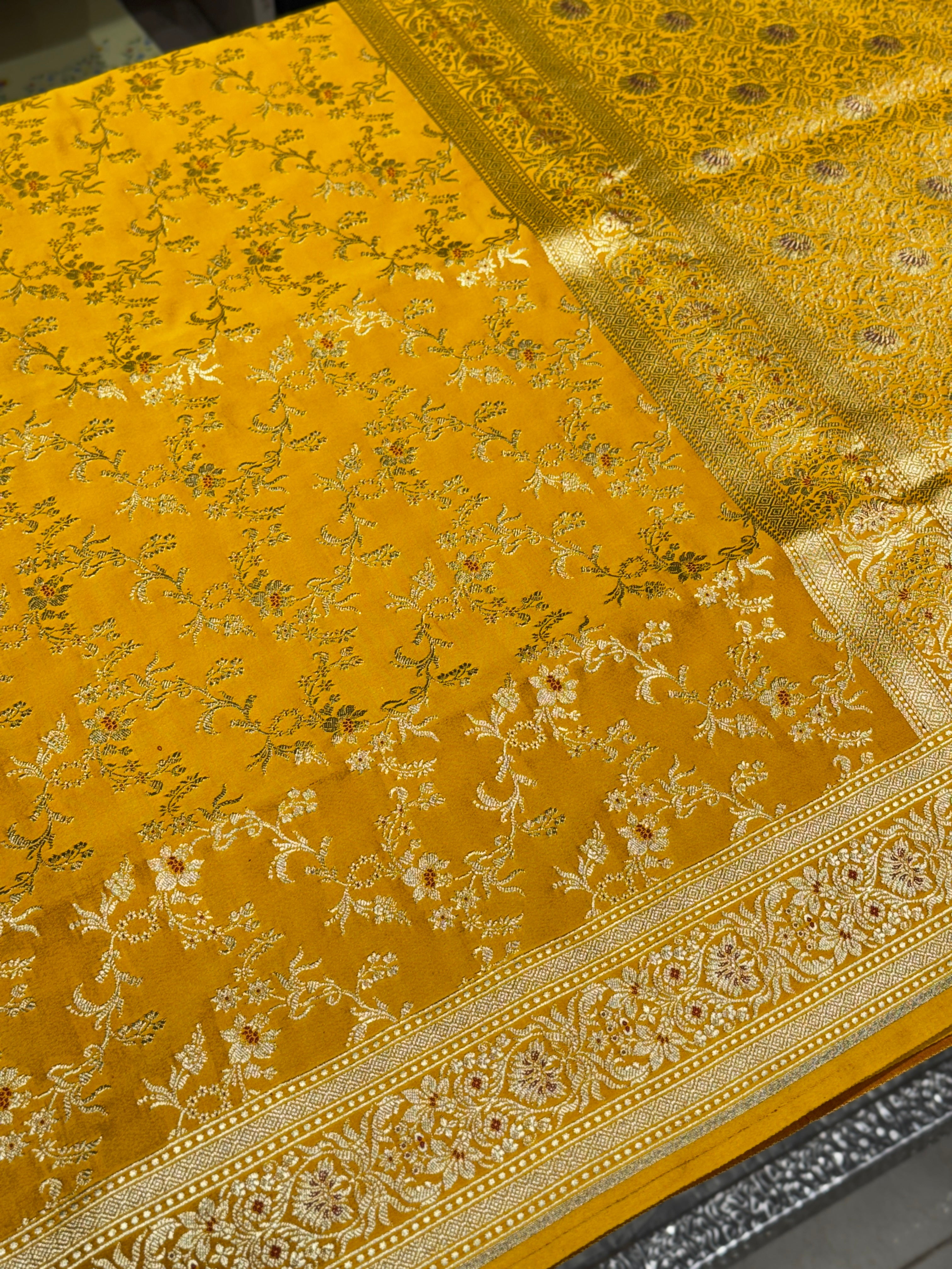 Yellow Banarasi Silk Meena Flower Saree
