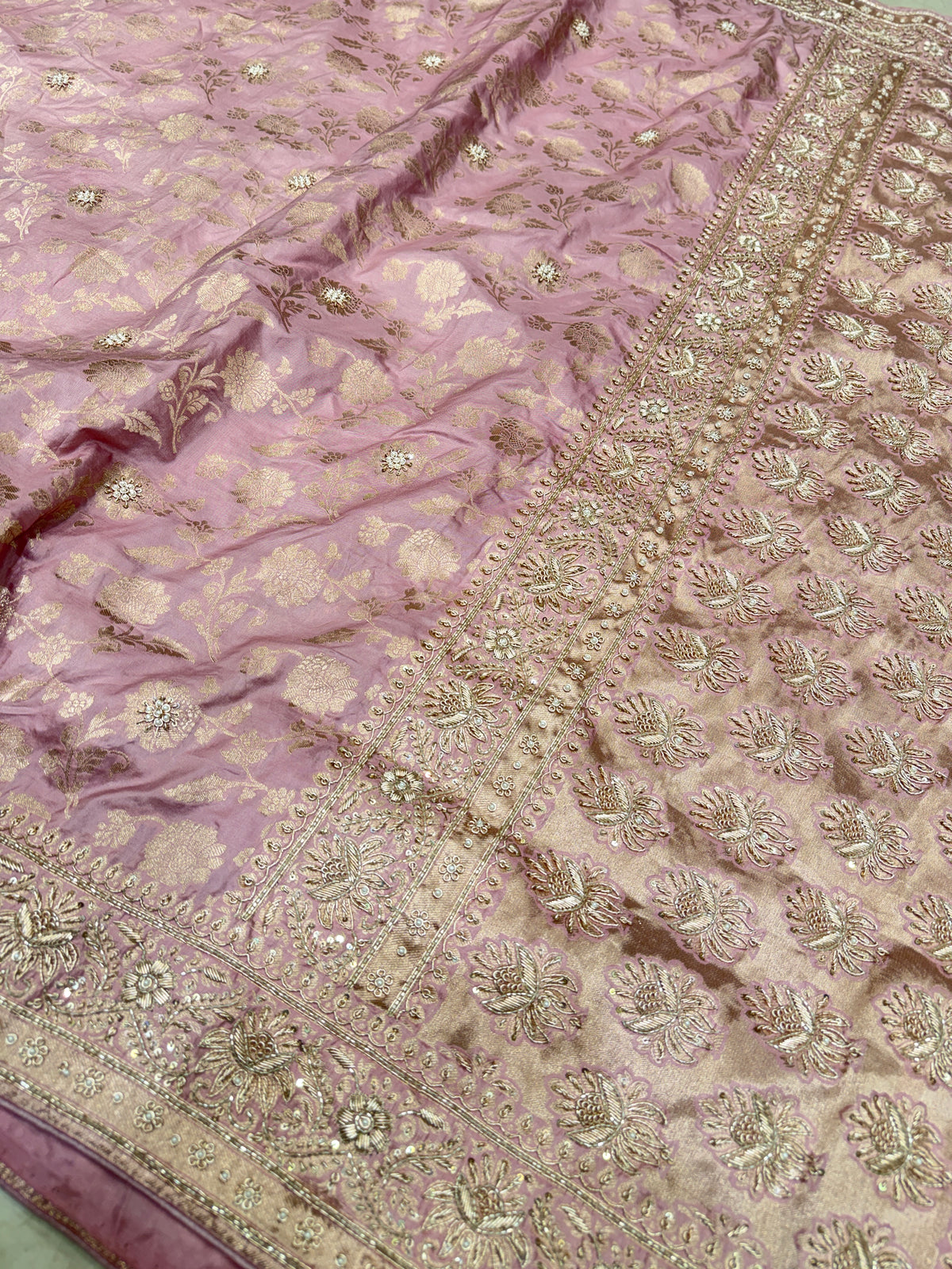 Lilac Pink Jaal Handloom Banarasi Katan Silk Zardosi Hand Embroidery Saree