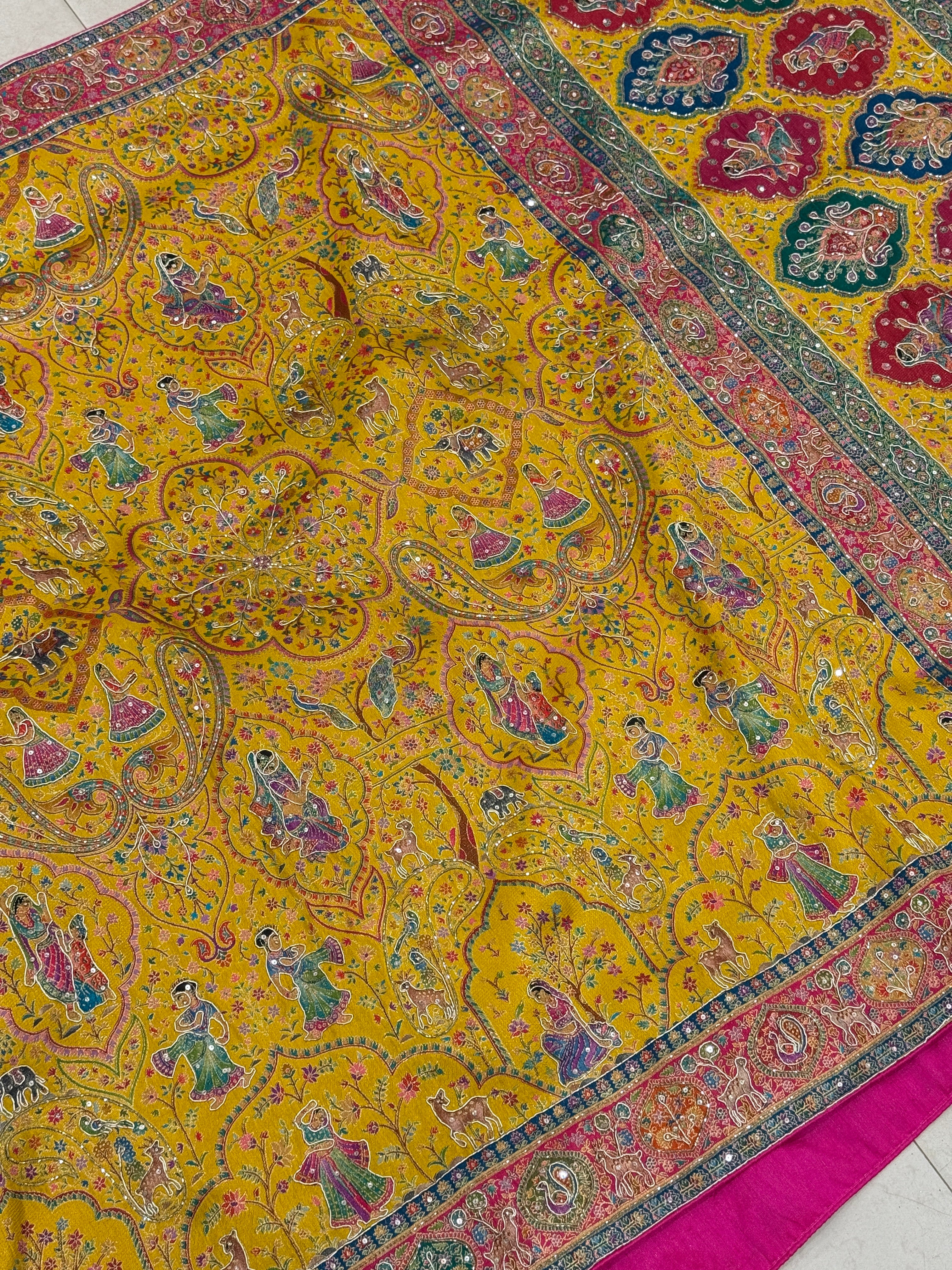 Yellow Pashmina Baluchari Style Hand Embroidery Saree