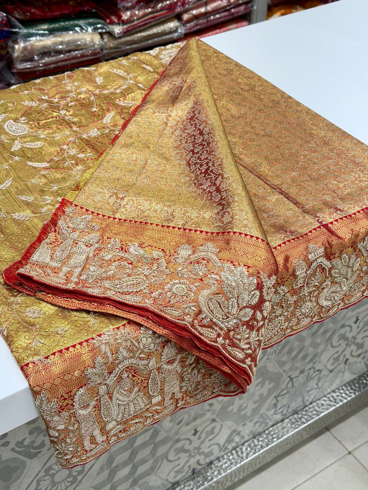 Red Tissue Kanjivaram Zardosi Doli Hand Embroidery Saree
