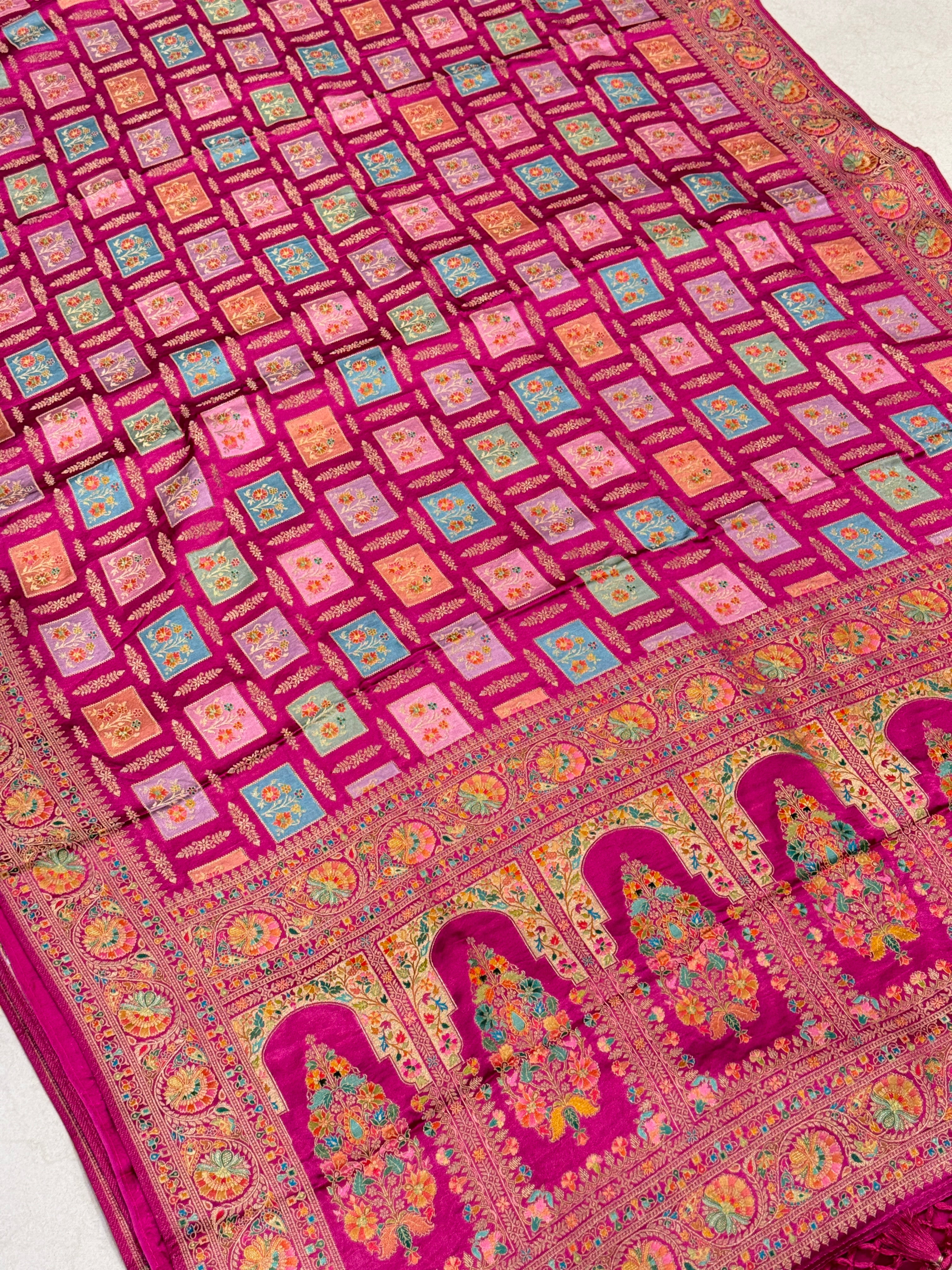 Raspberry  Box Check Banarasi Modal Satin Rangkat Saree