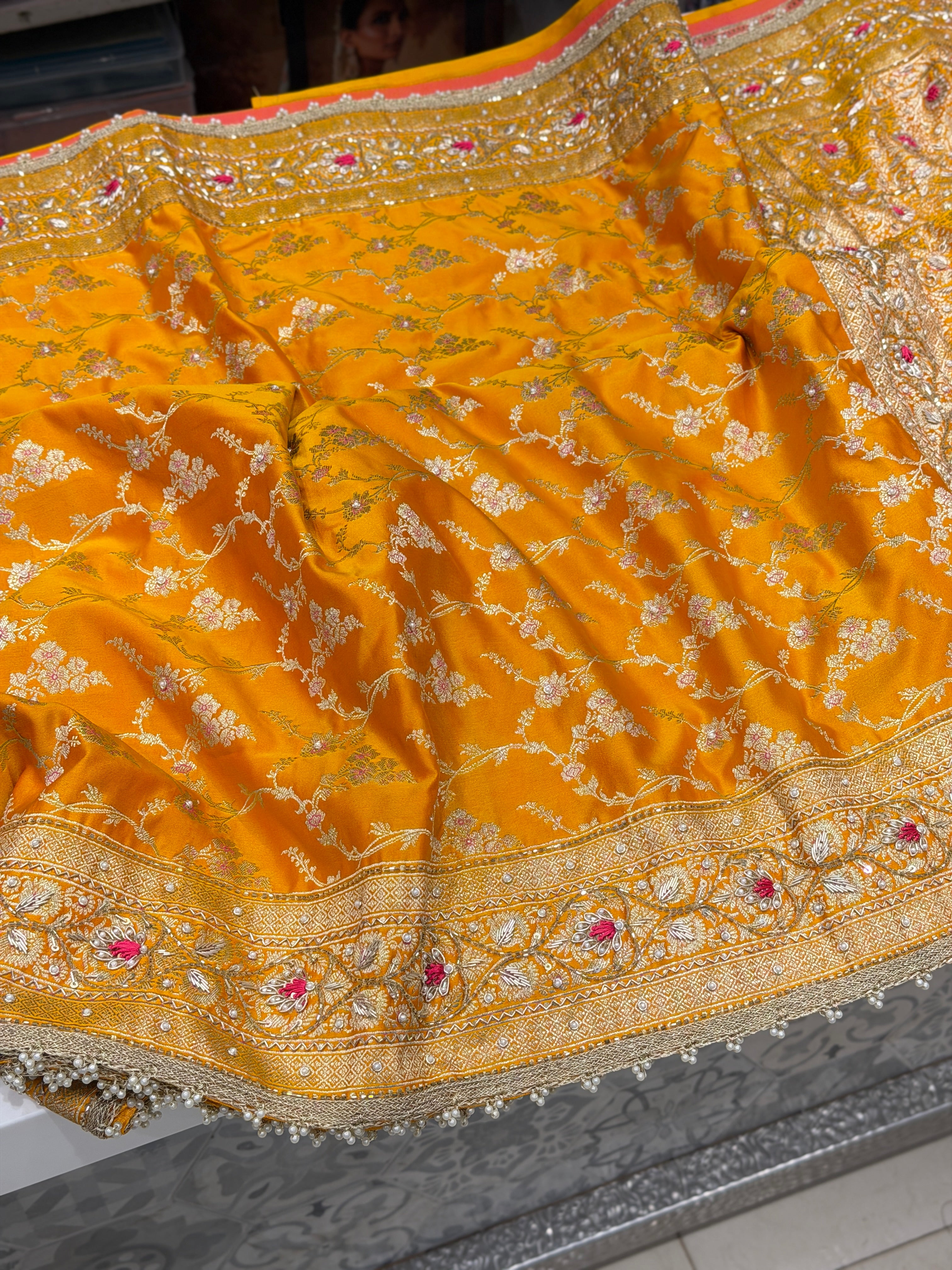 Mango Yellow Banarasi Jasmine Jaal Contrast Resham Embroidery Saree