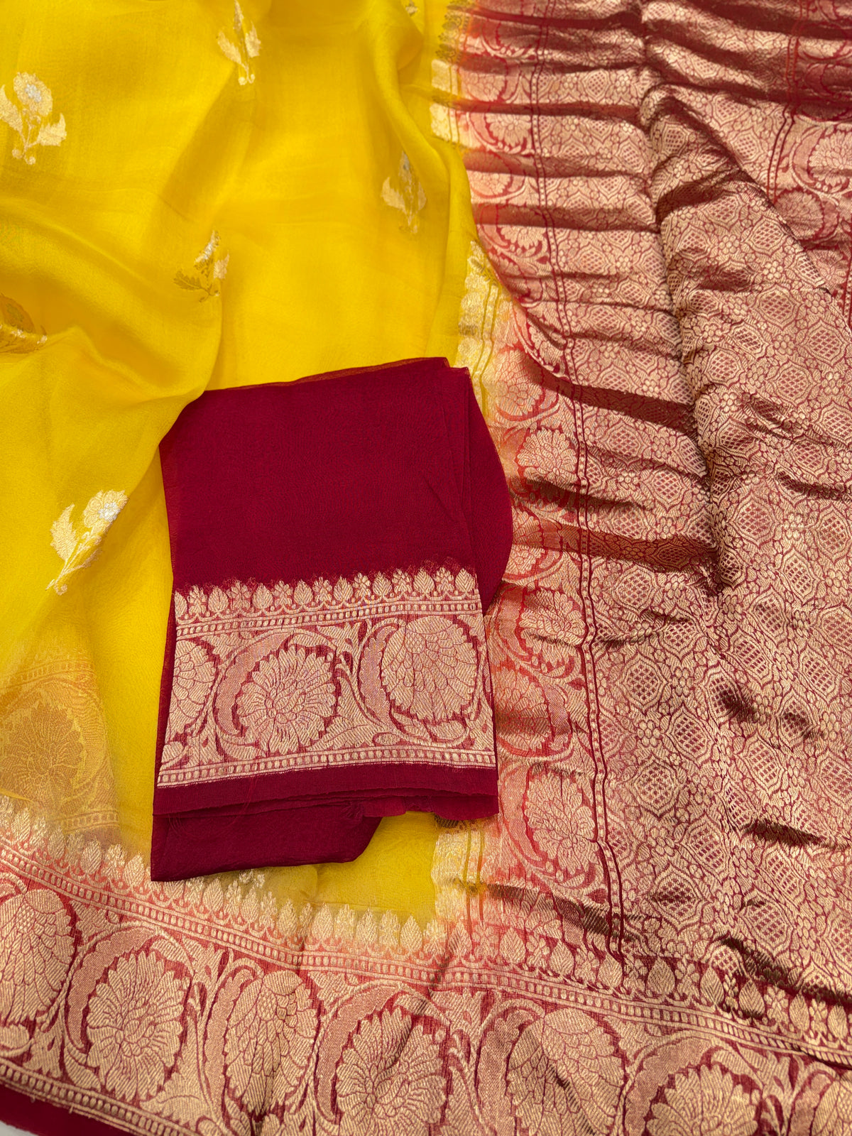Yellow Red Buttas Handloom Banarasi Kora Silk Saree