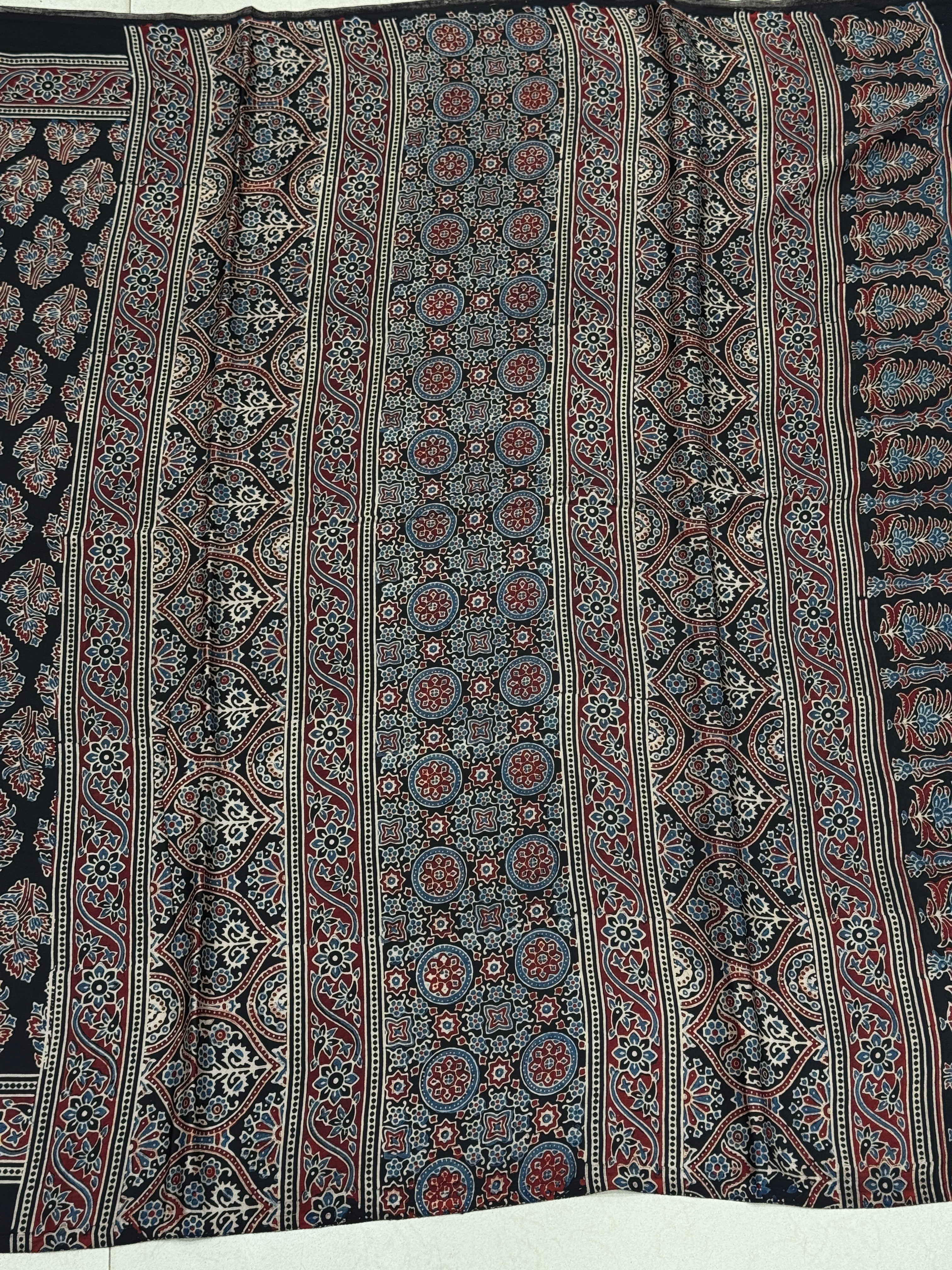 Black Tree Buttas Hand Block Print Ajrkah Pure Gajji Silk Saree