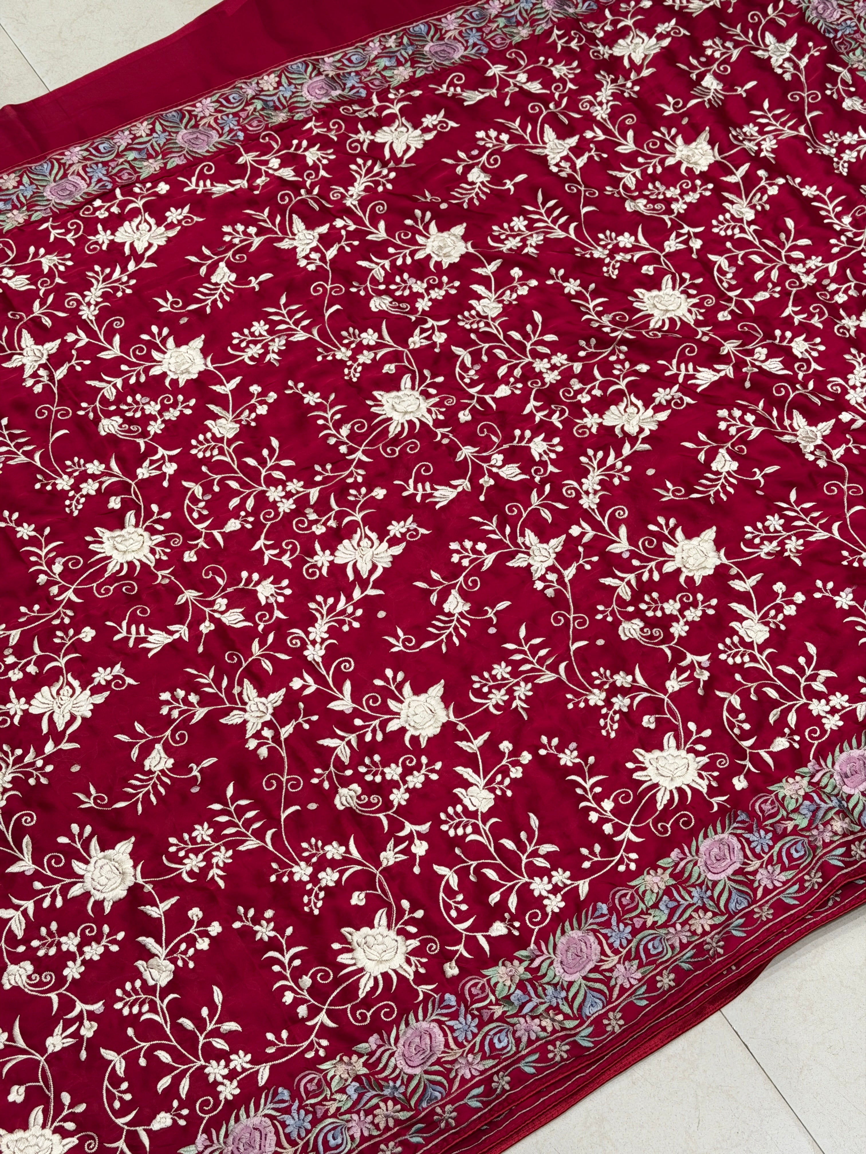 Crimson Crepe Floral Multi Resham Border Parsi Gara Saree