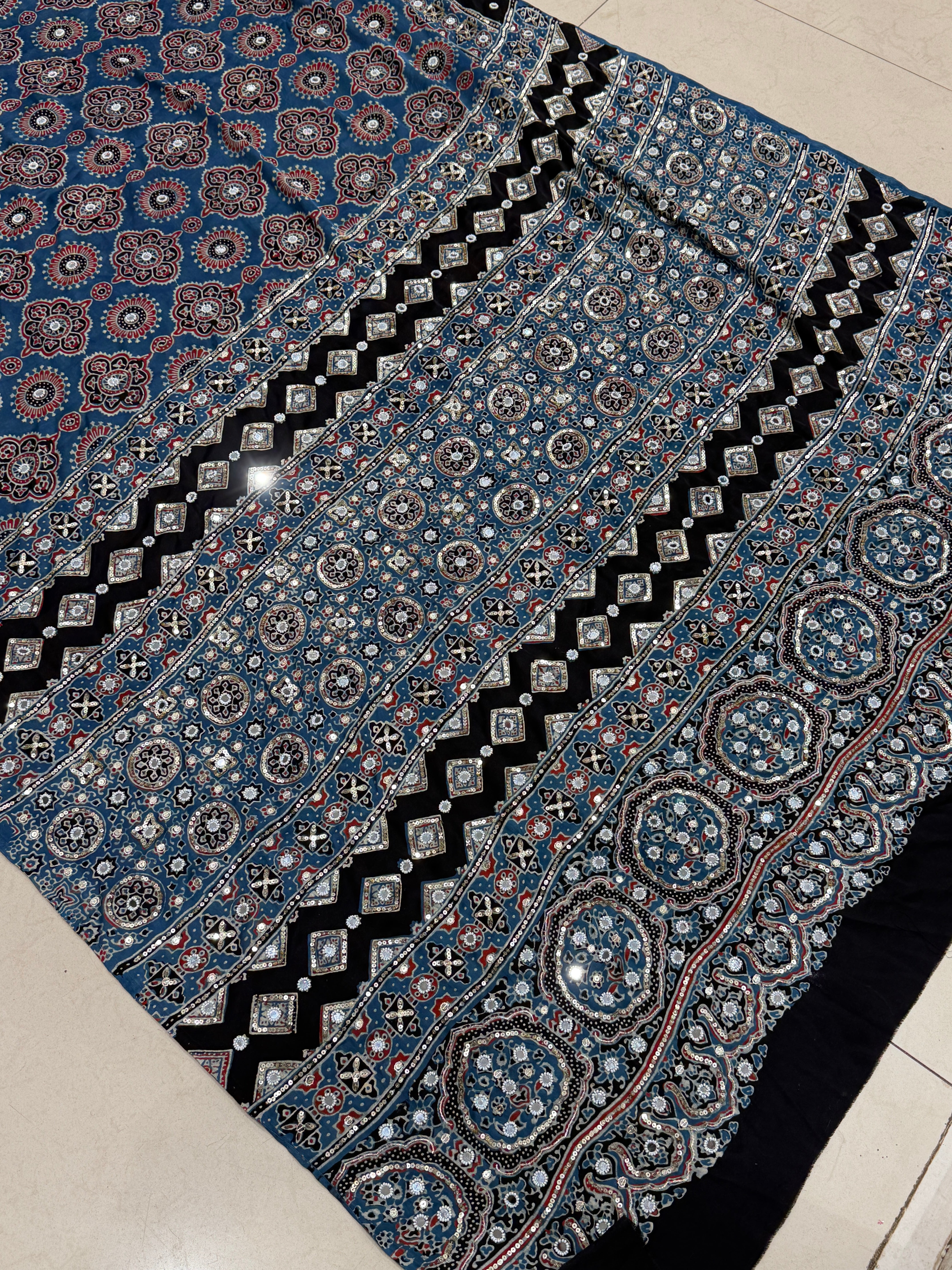 Blue Badam Ajrakh Butta Real Mirror Moti Sequin Hand Embroidery Saree