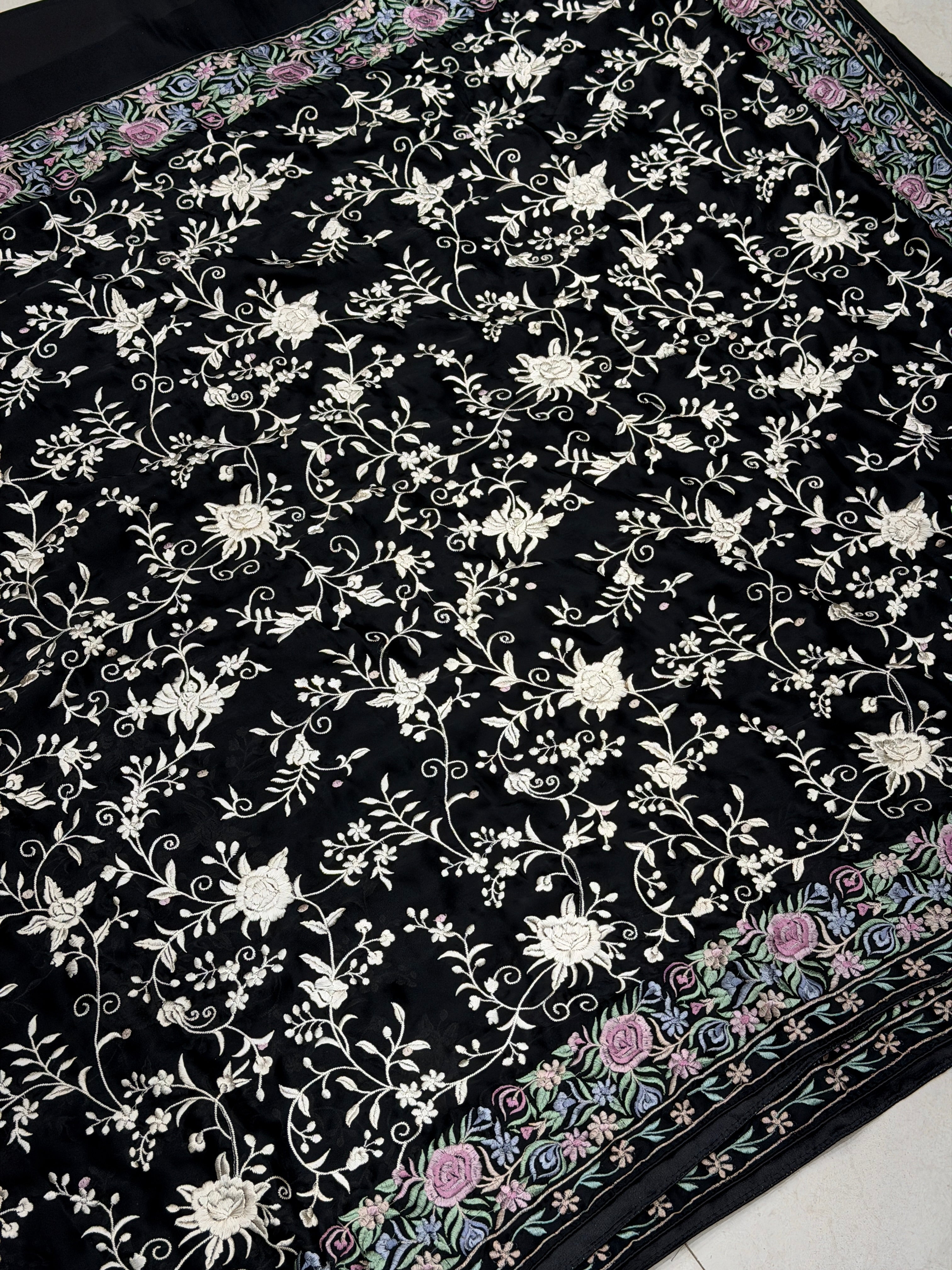 Black Crepe Floral Multi Resham Border Parsi Gara Saree