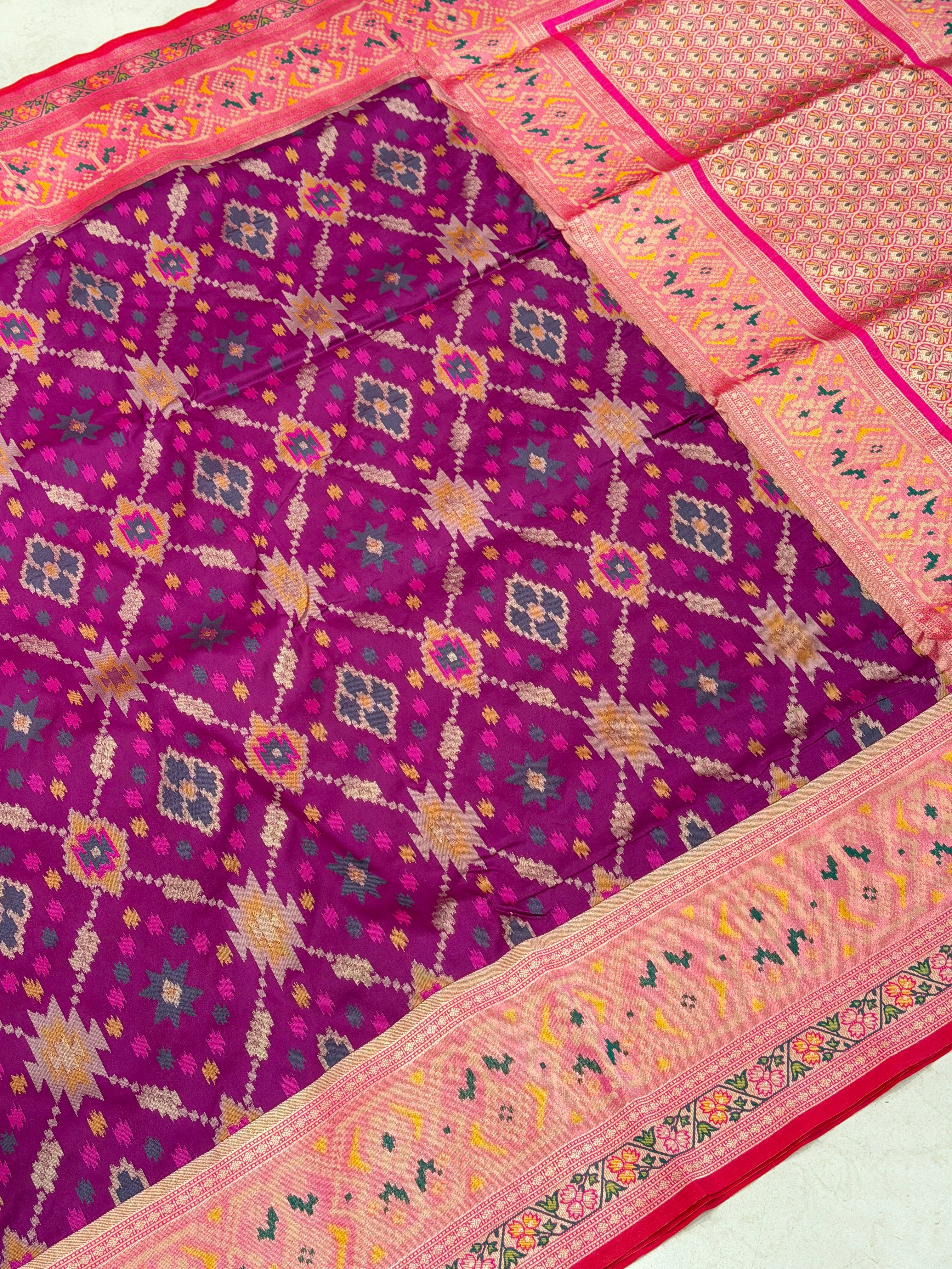 Wine Ikat Patola Banarasi Weaved Jaal Saree