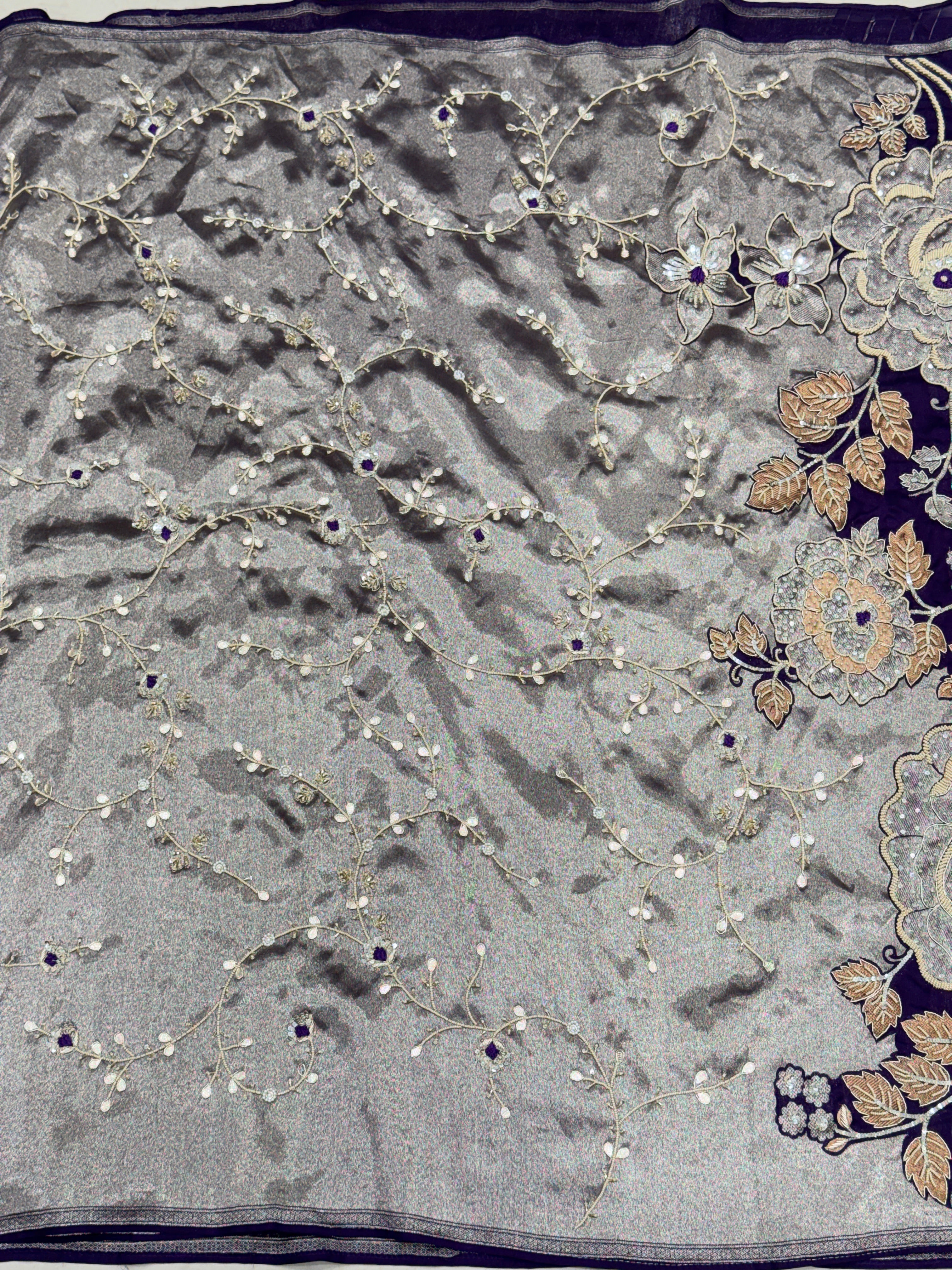 Violet Tissue Floral Pallu Zardosi Embroidery Saree