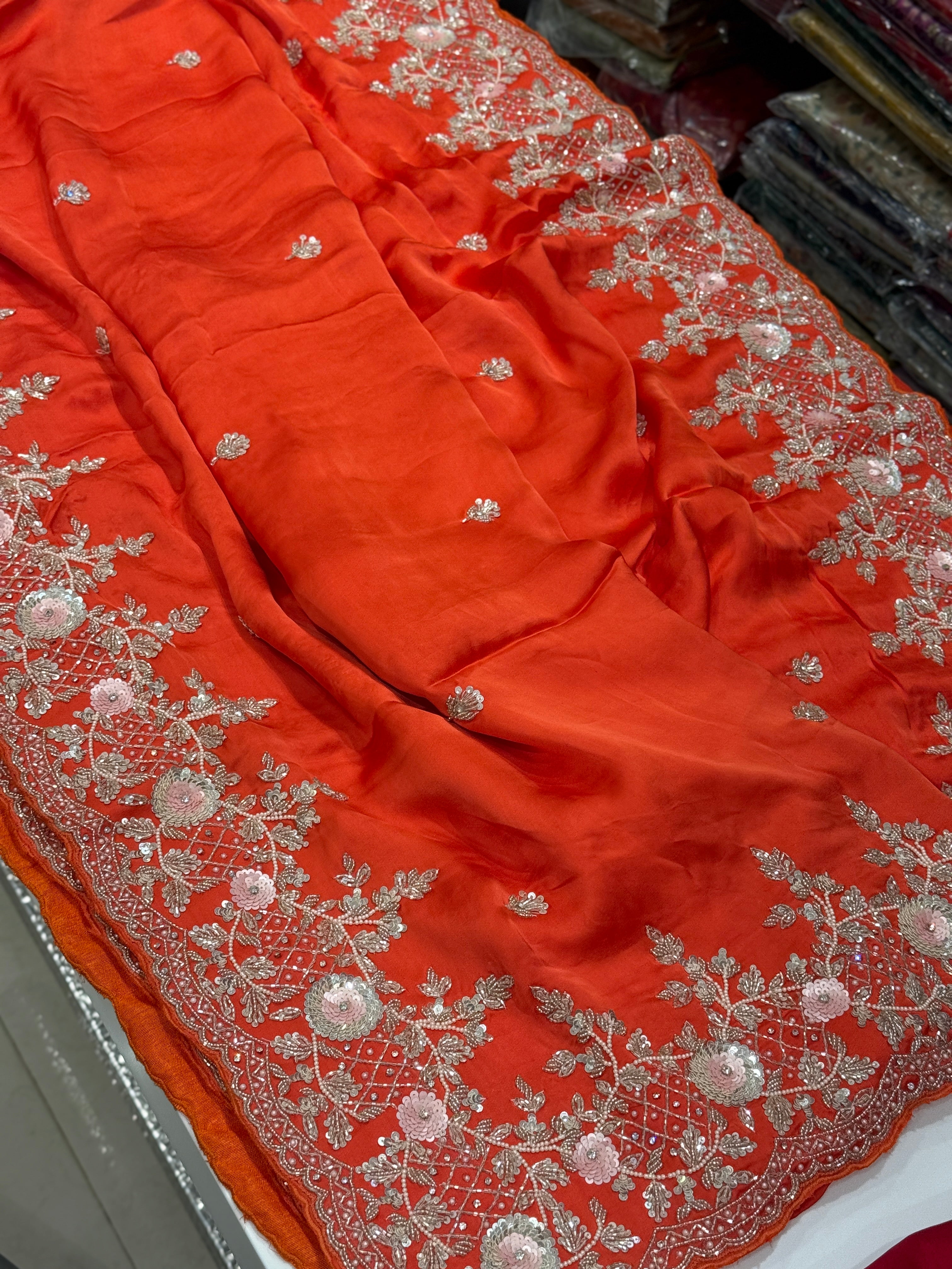 Orange Satin Sequin Moti Border Hand Embroidery Saree