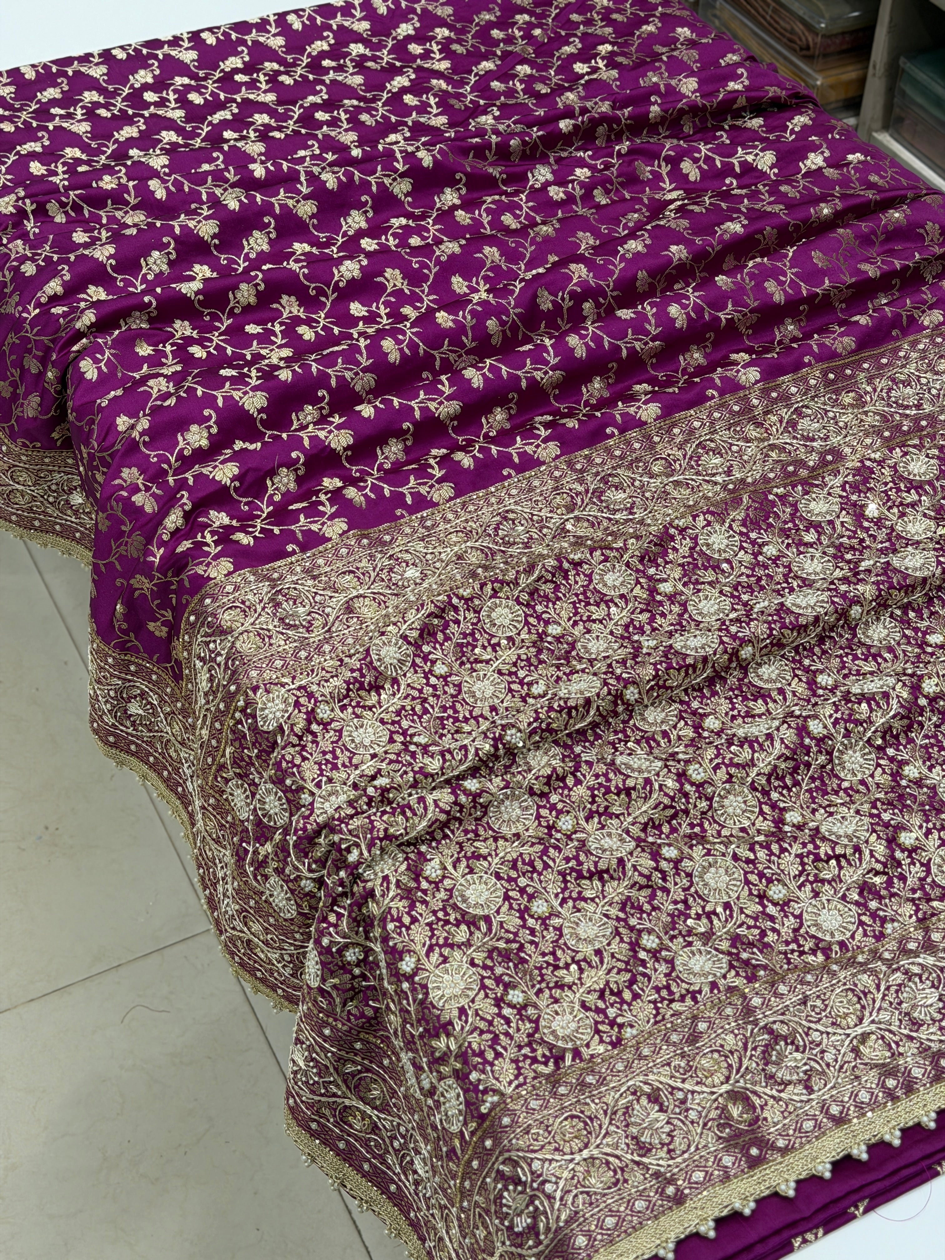Wine Banarasi Perwinkle Jaal Zardozi Hand Embroidery Saree