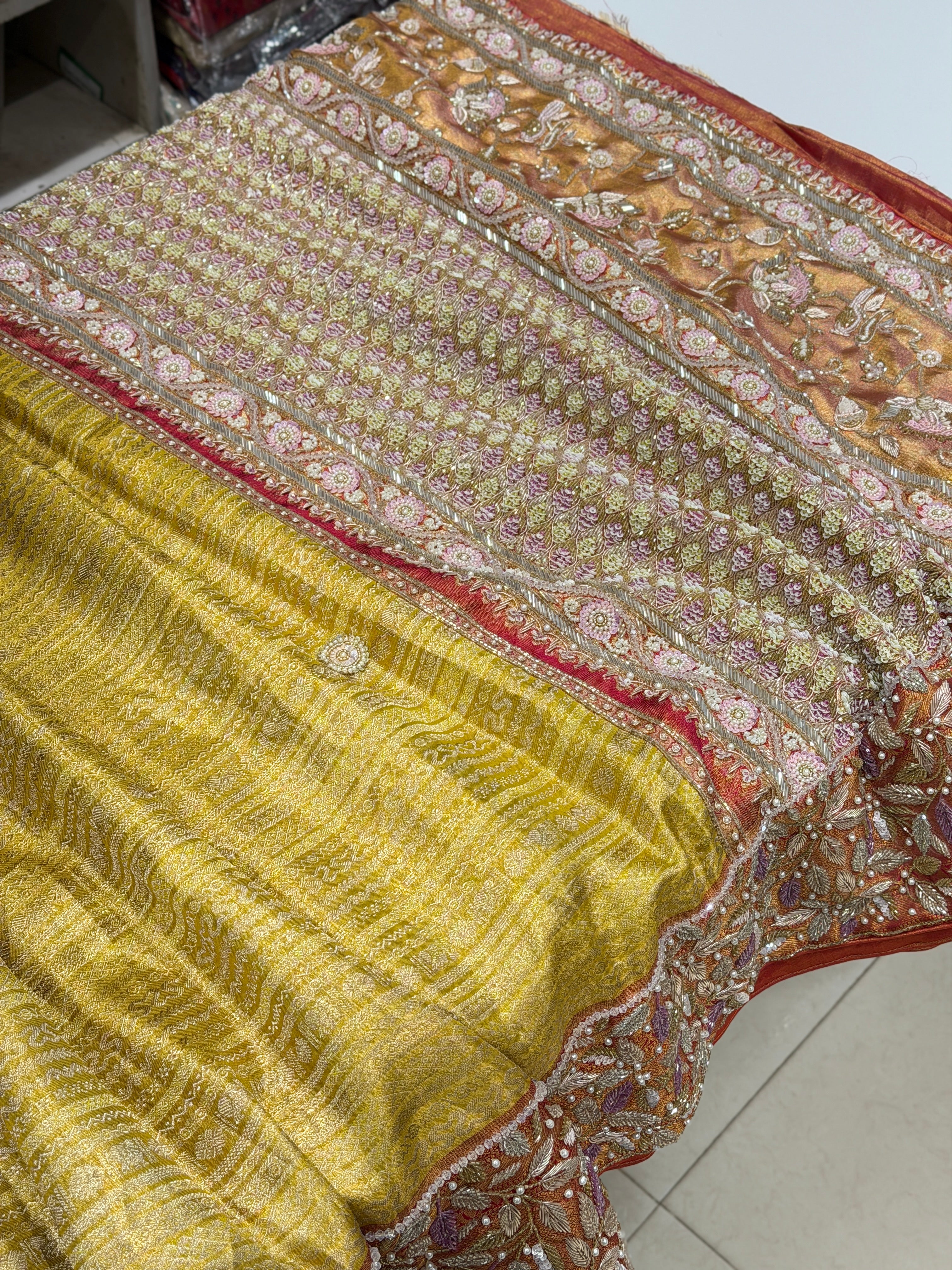 Lime Crimson Kanjivaram Contemporary Moti Zardosi Hand Embroidery Saree