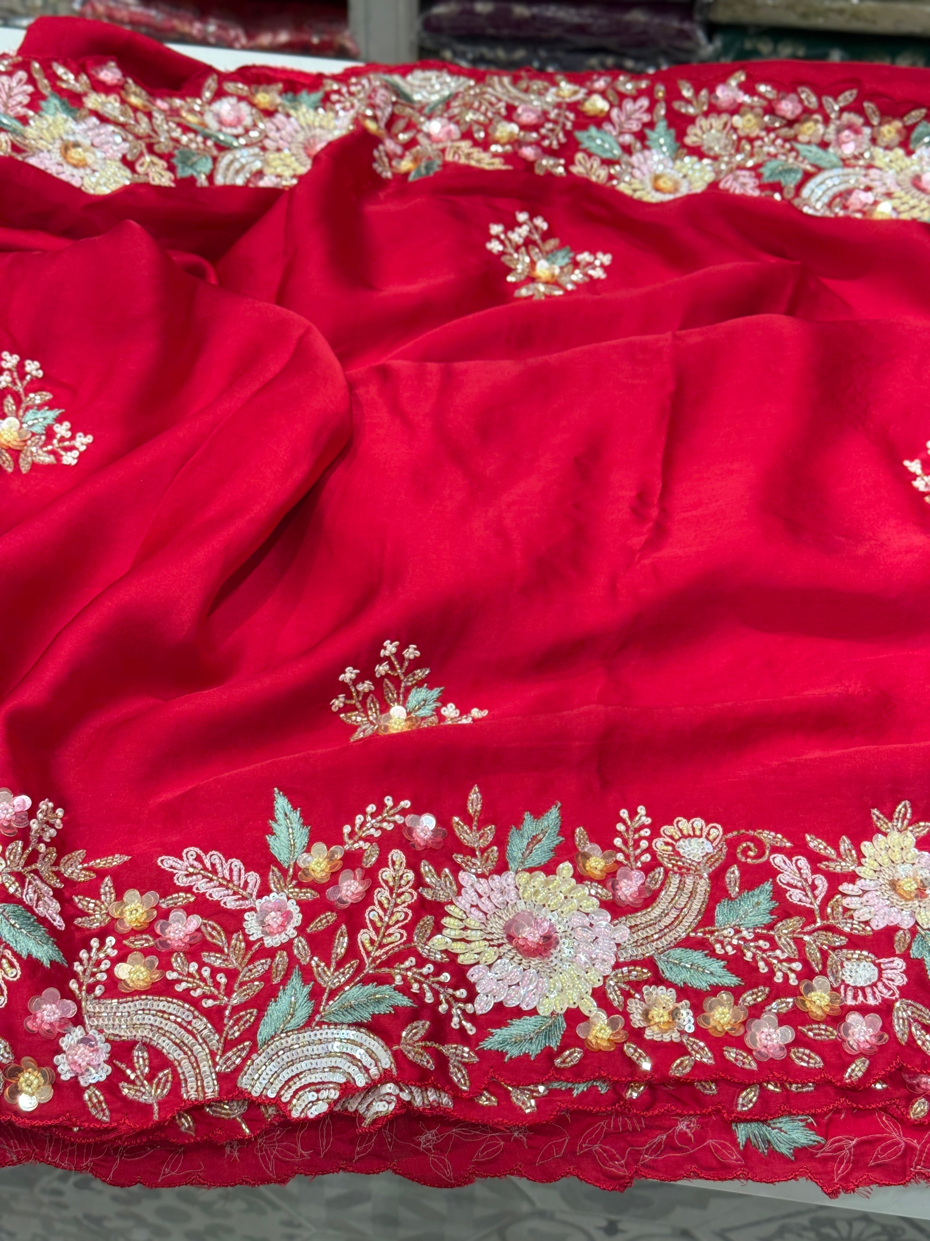 Red Satin Multi Colour Sequin Hand Embroidery Saree