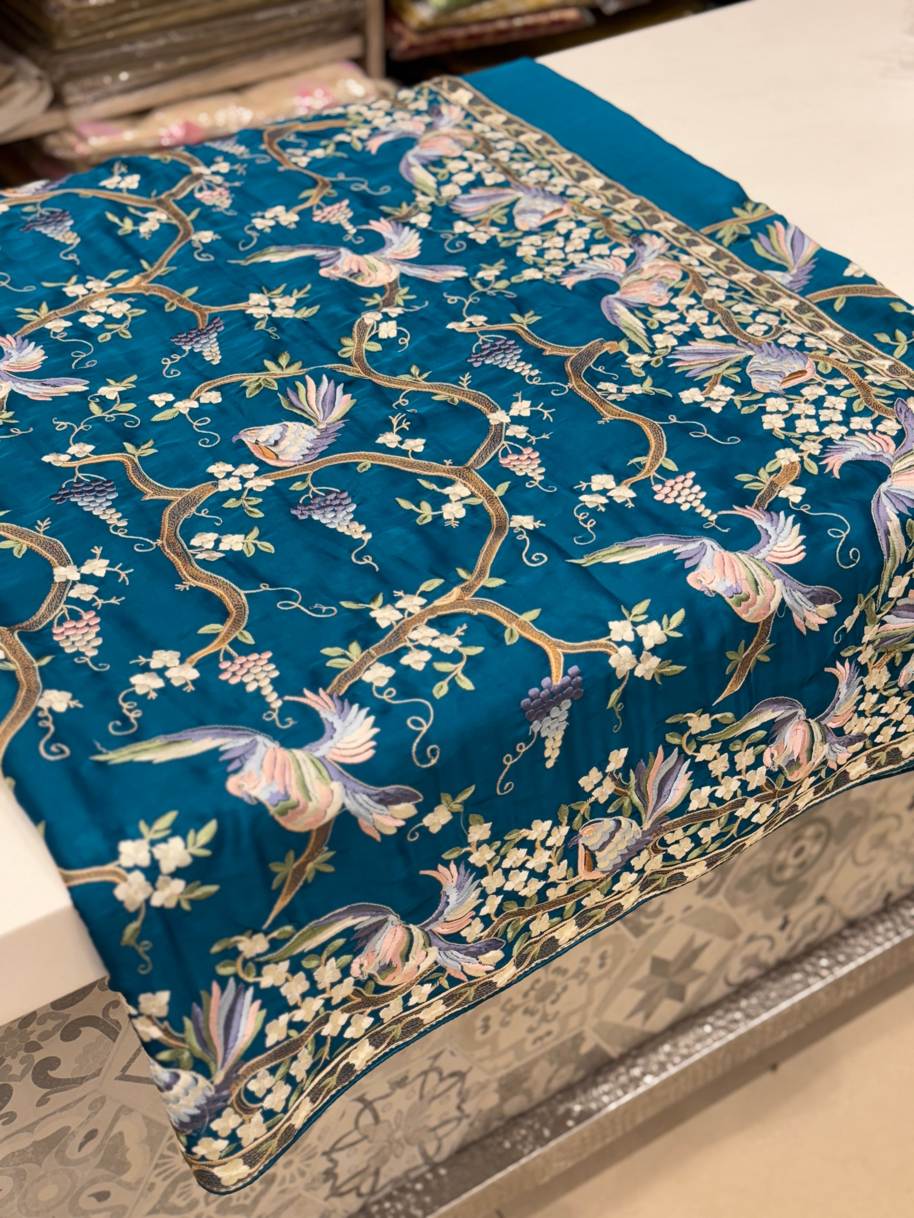 Rama Green Crepe Parsi Gara Saree Jaal Chakla Chakli Design