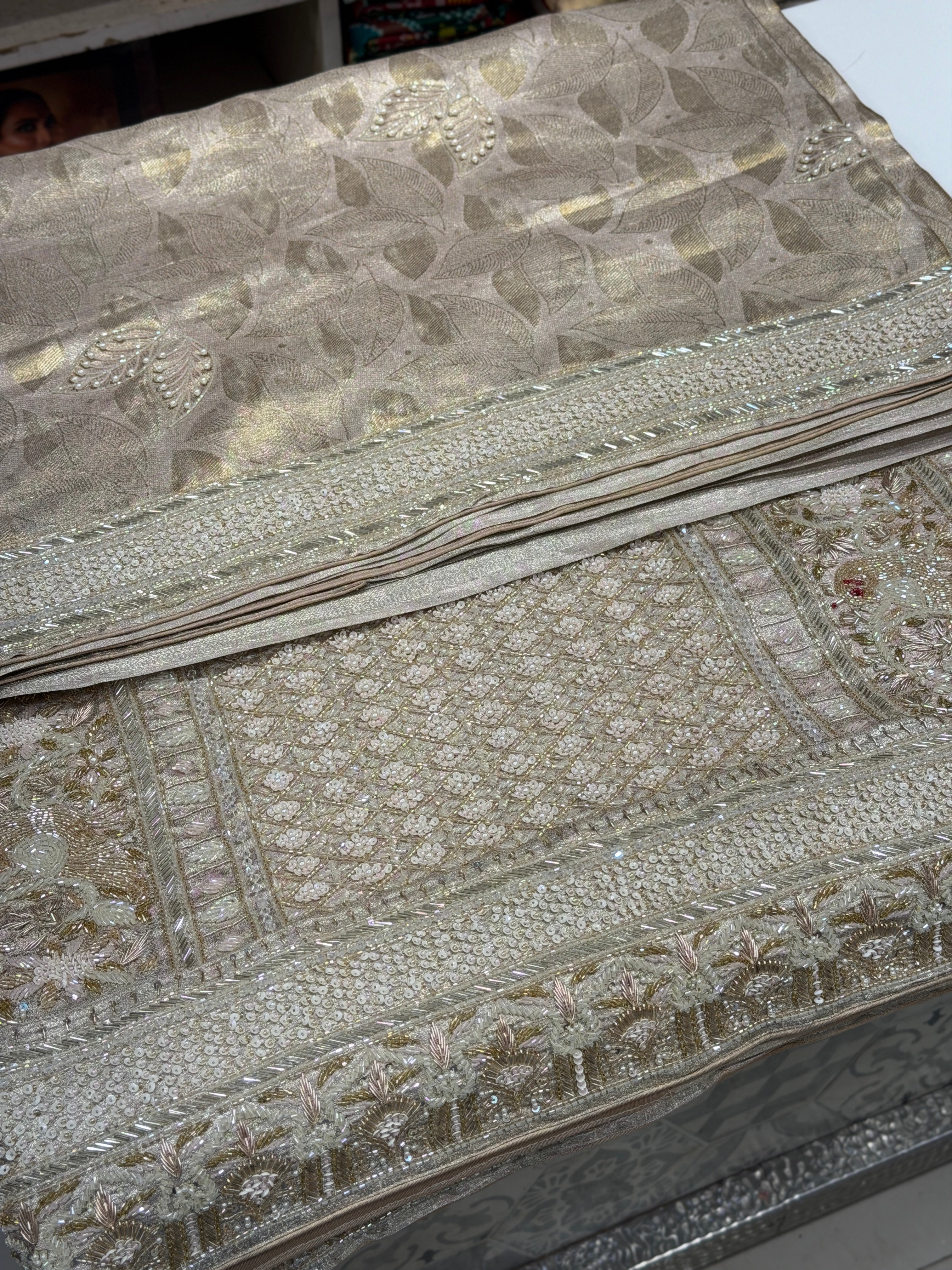 Nude Pink Silver Kanjivaram Three Zari Hand Embroidery Zardosi Moti Sequin Saree