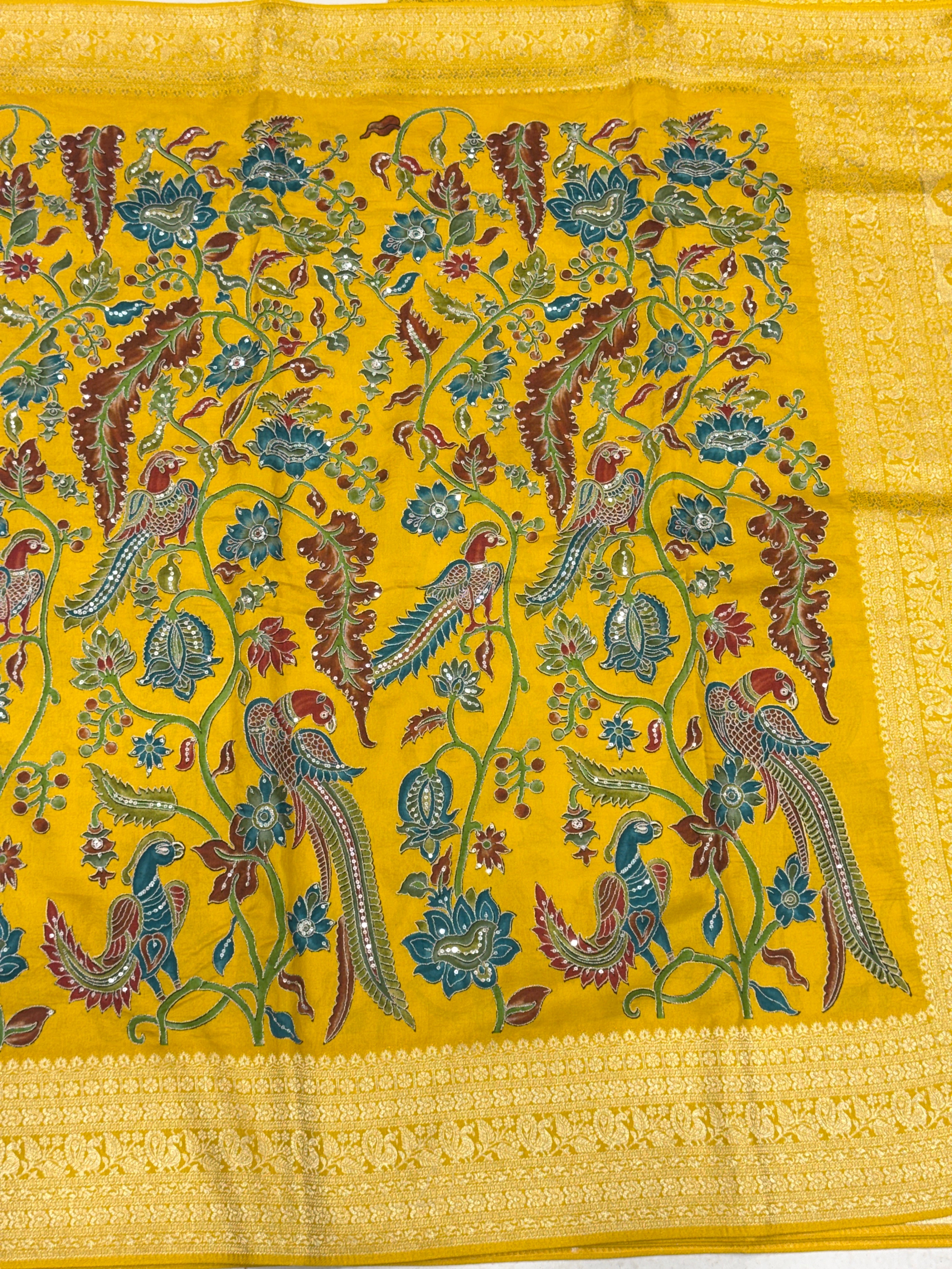 Yellow Kalamkari Weave Banarasi Munga Pita Embroidery Saree
