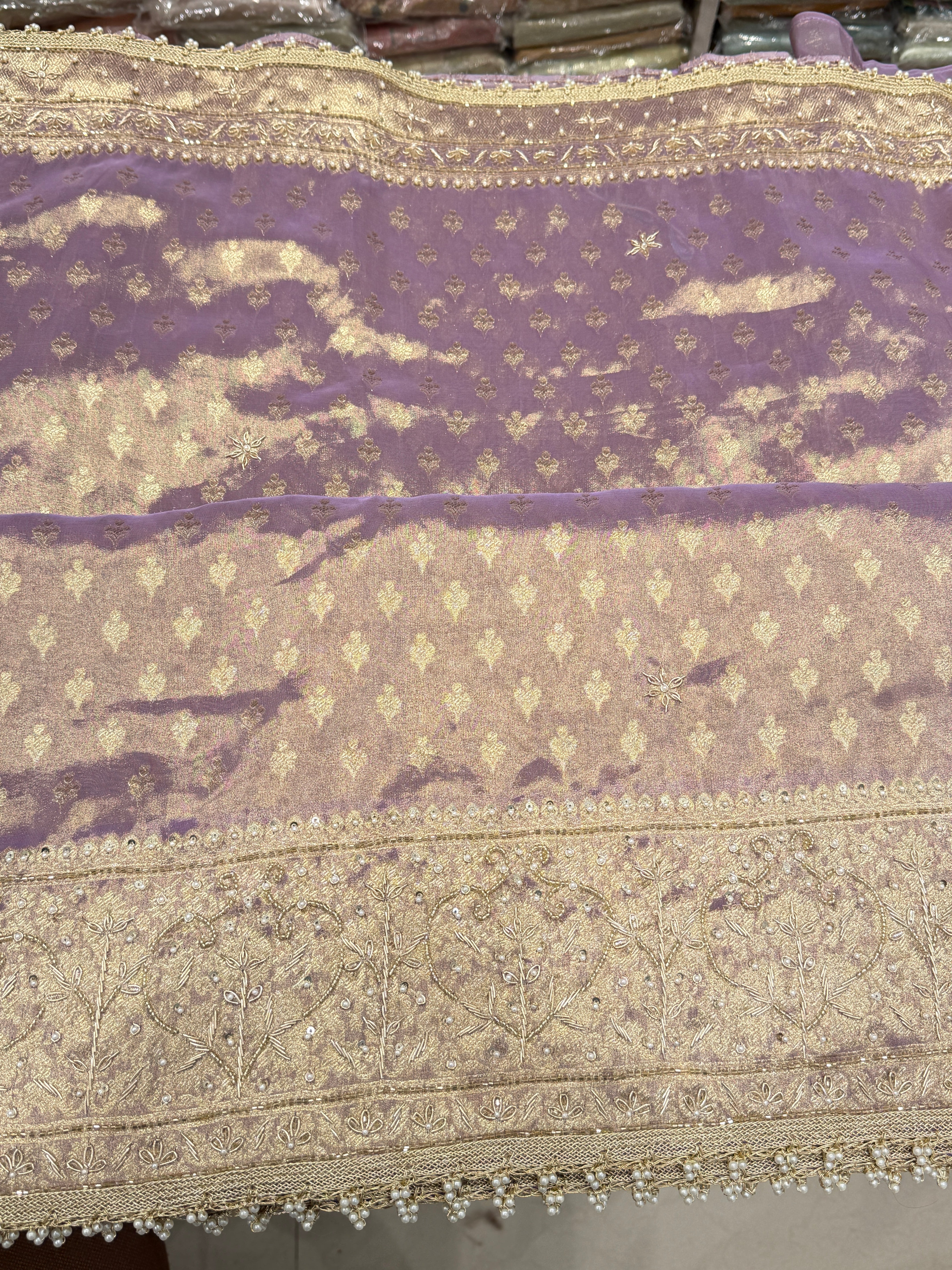Purple Tissue Banarasi Buttis Zardosi Embroidery Saree