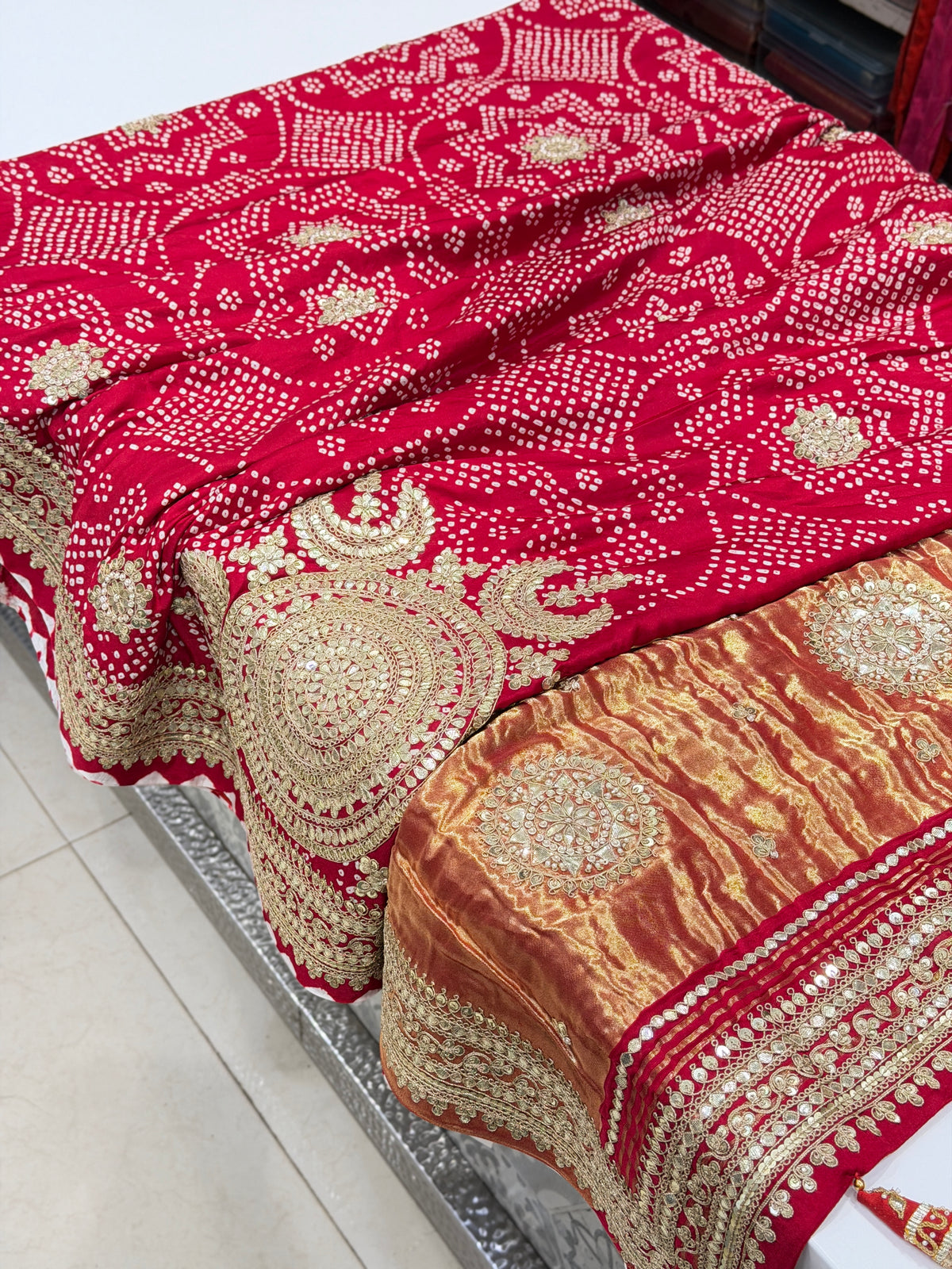 Red Gajji Silk Bandhej Gotapatti Marodi Hand Embroidery Saree