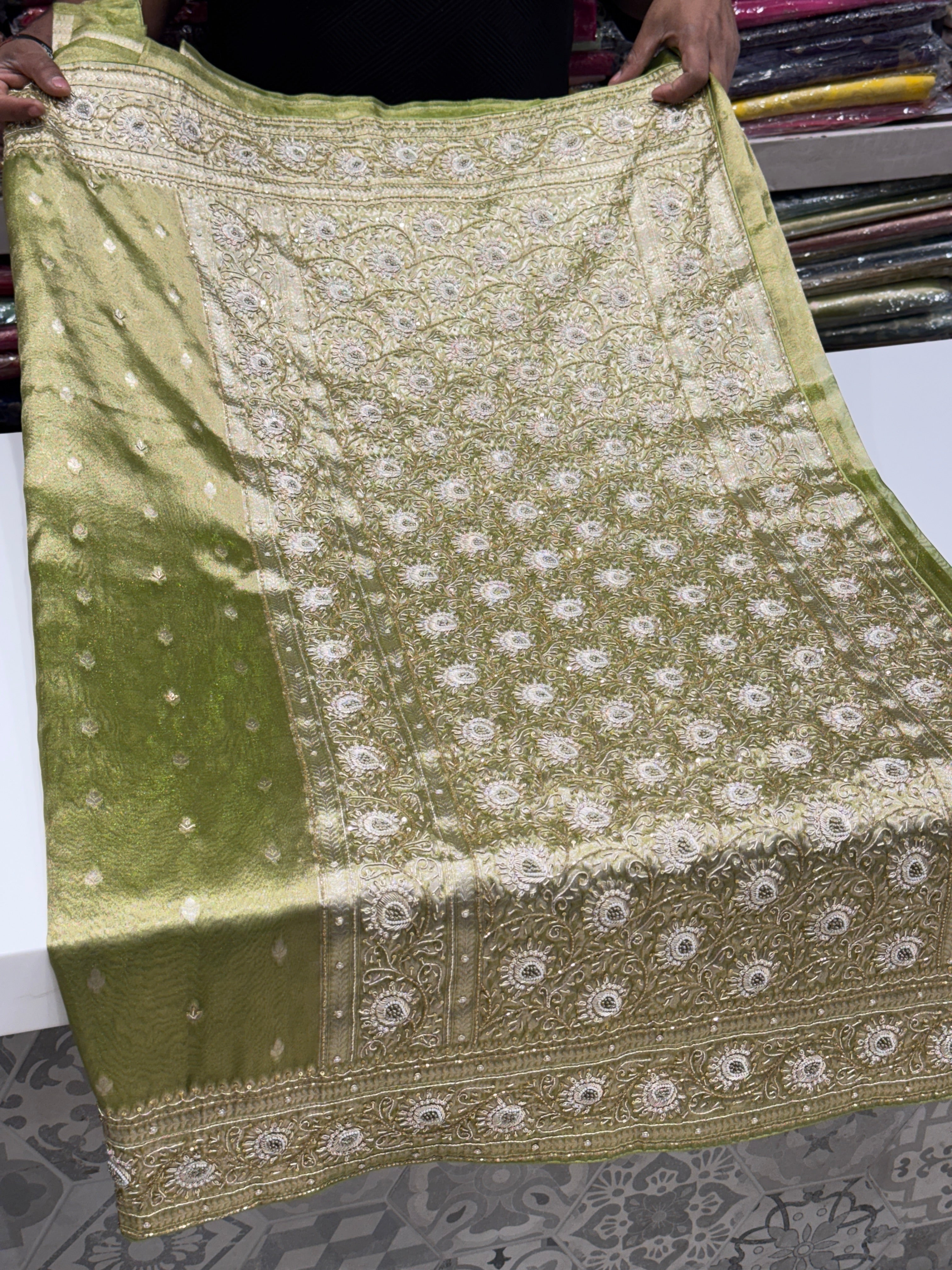 Green Banarasi Tissue Zardosi Embroidery Saree