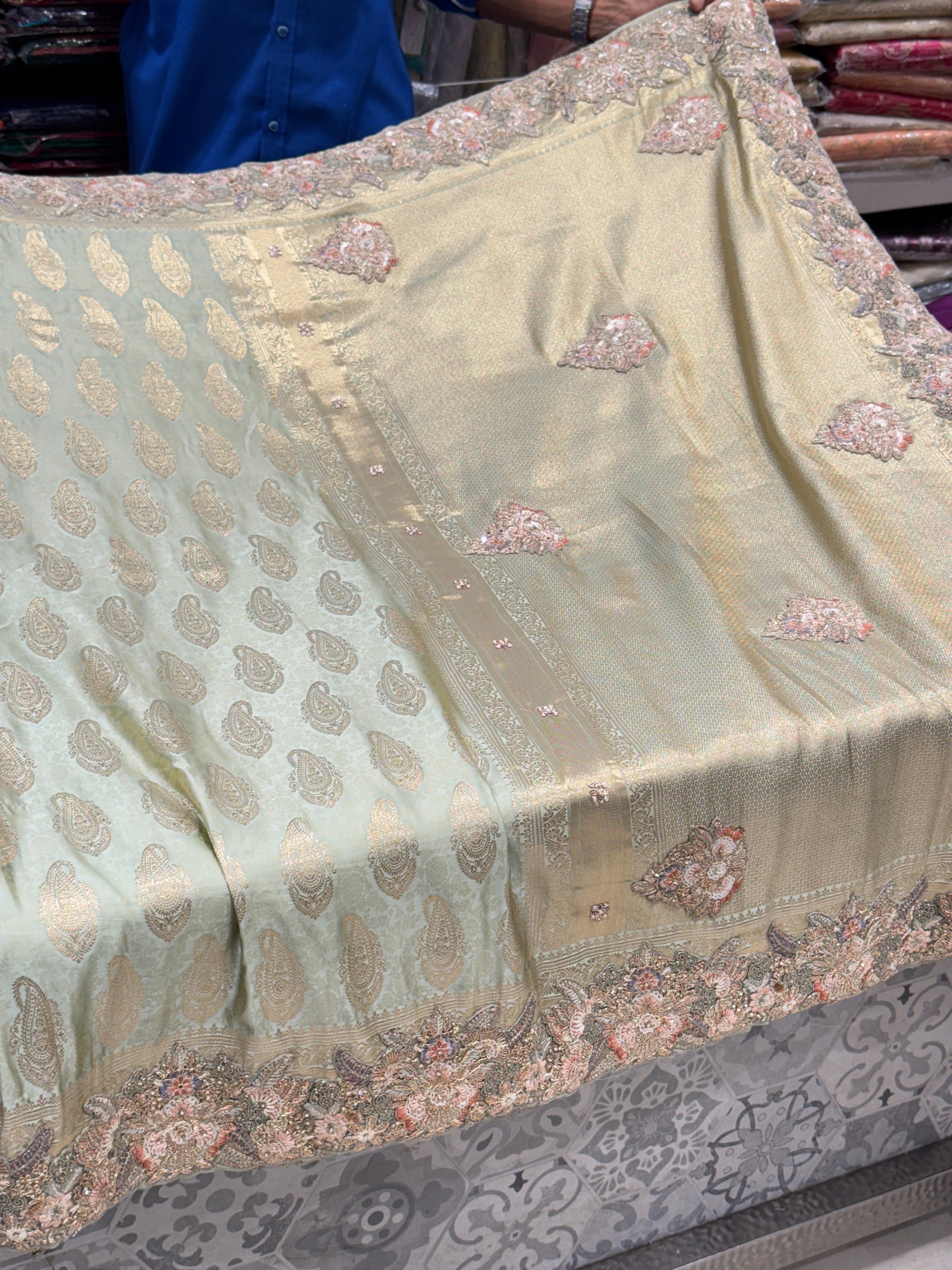 Pista Banarasi Resham Zari Embroidery Saree