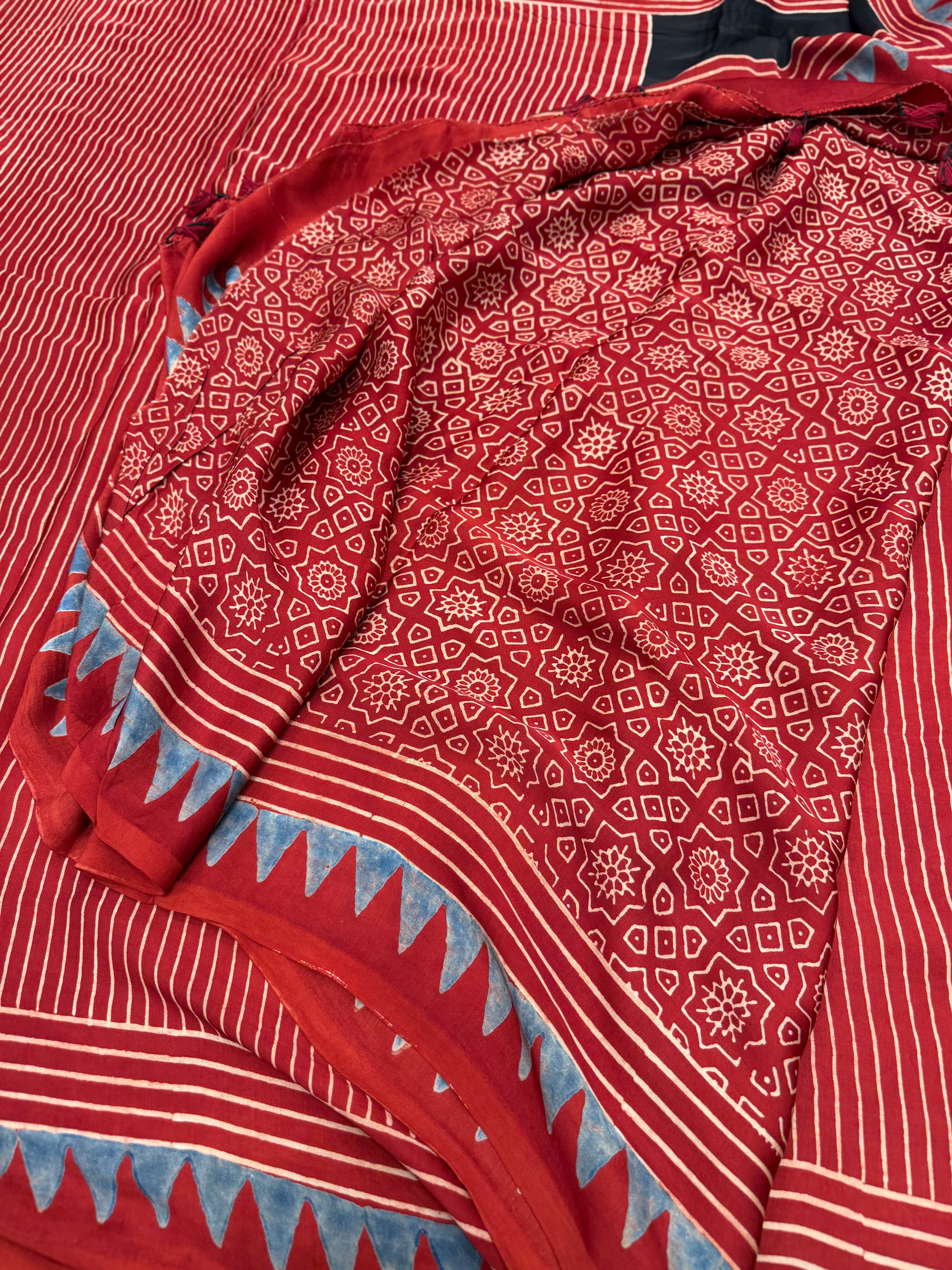 Red Contemporary Spiral Pallu Ajrakh Block Print Hand Pure Gajji Silk Saree