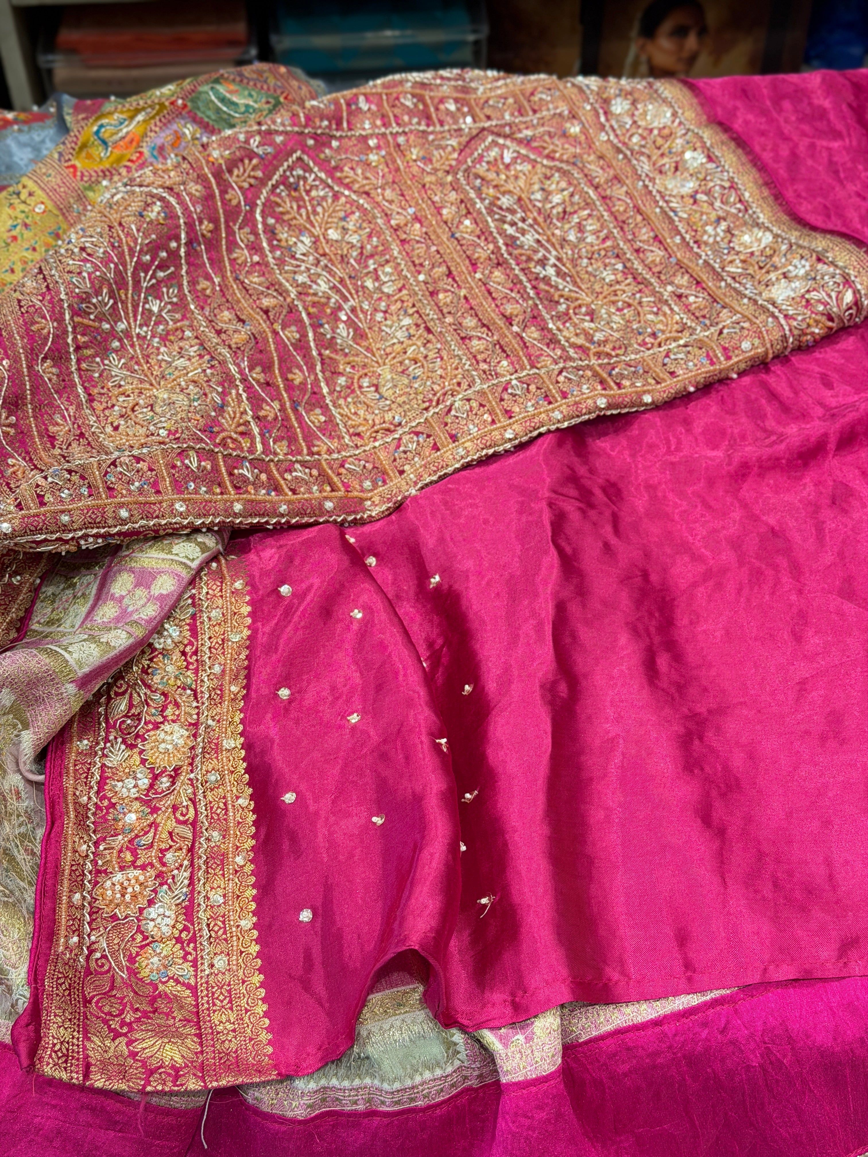 Multi Colour Modal Banarasi Rangkat Moti Sequin Hand Embroidery Saree