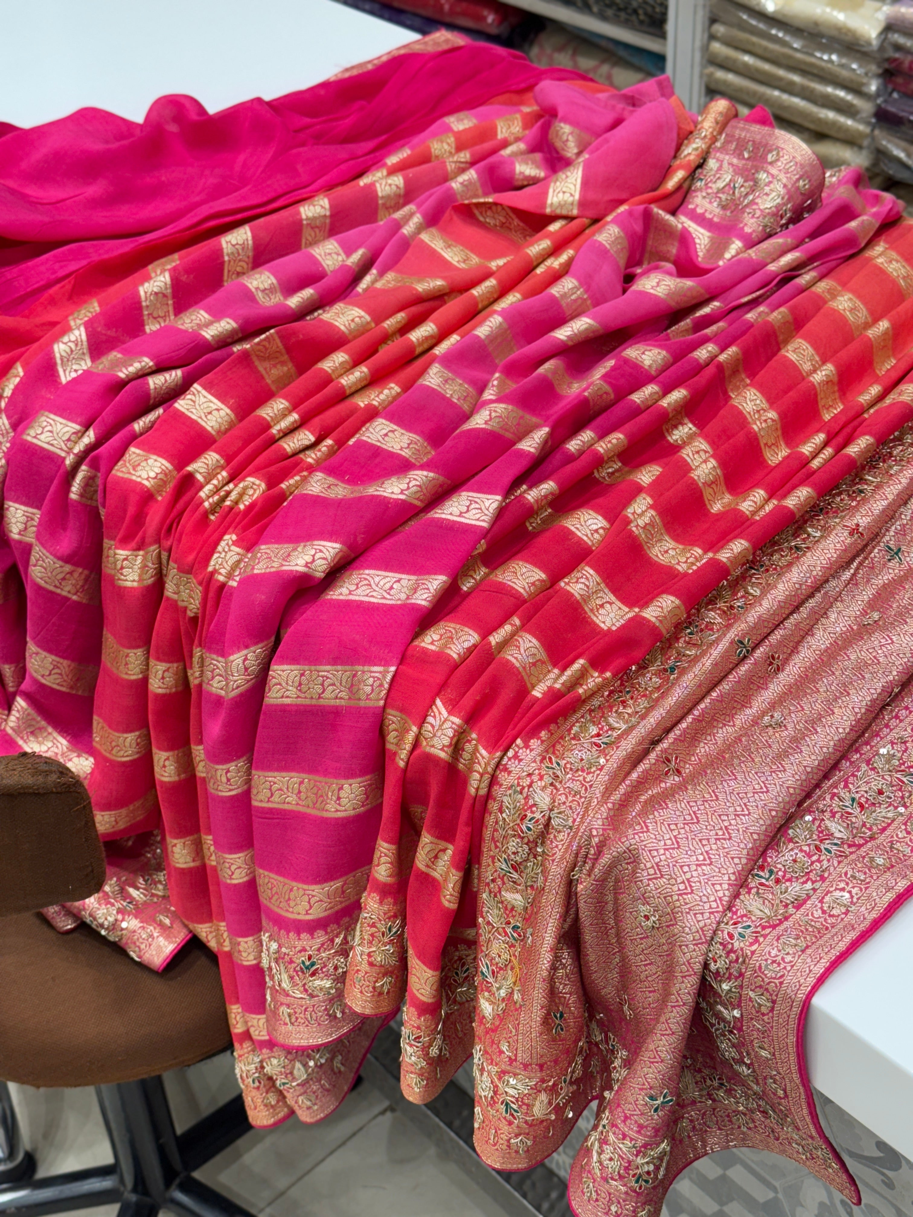 Shaded Satin Organza Zardosi Saree Leheriya Style