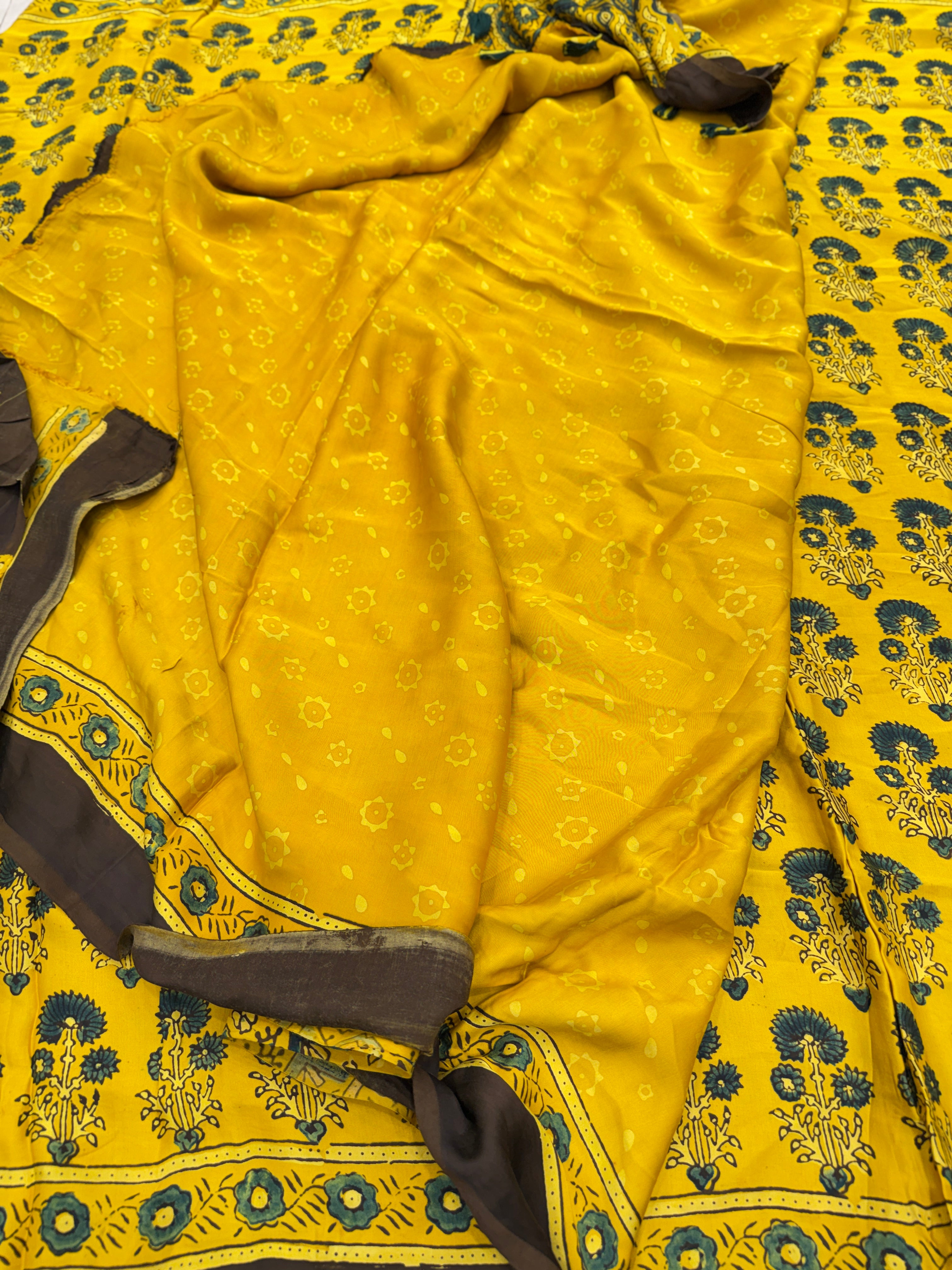 Yellow Floral Butta Ajrakh Hand Block Print Pure Gajji Silk Saree