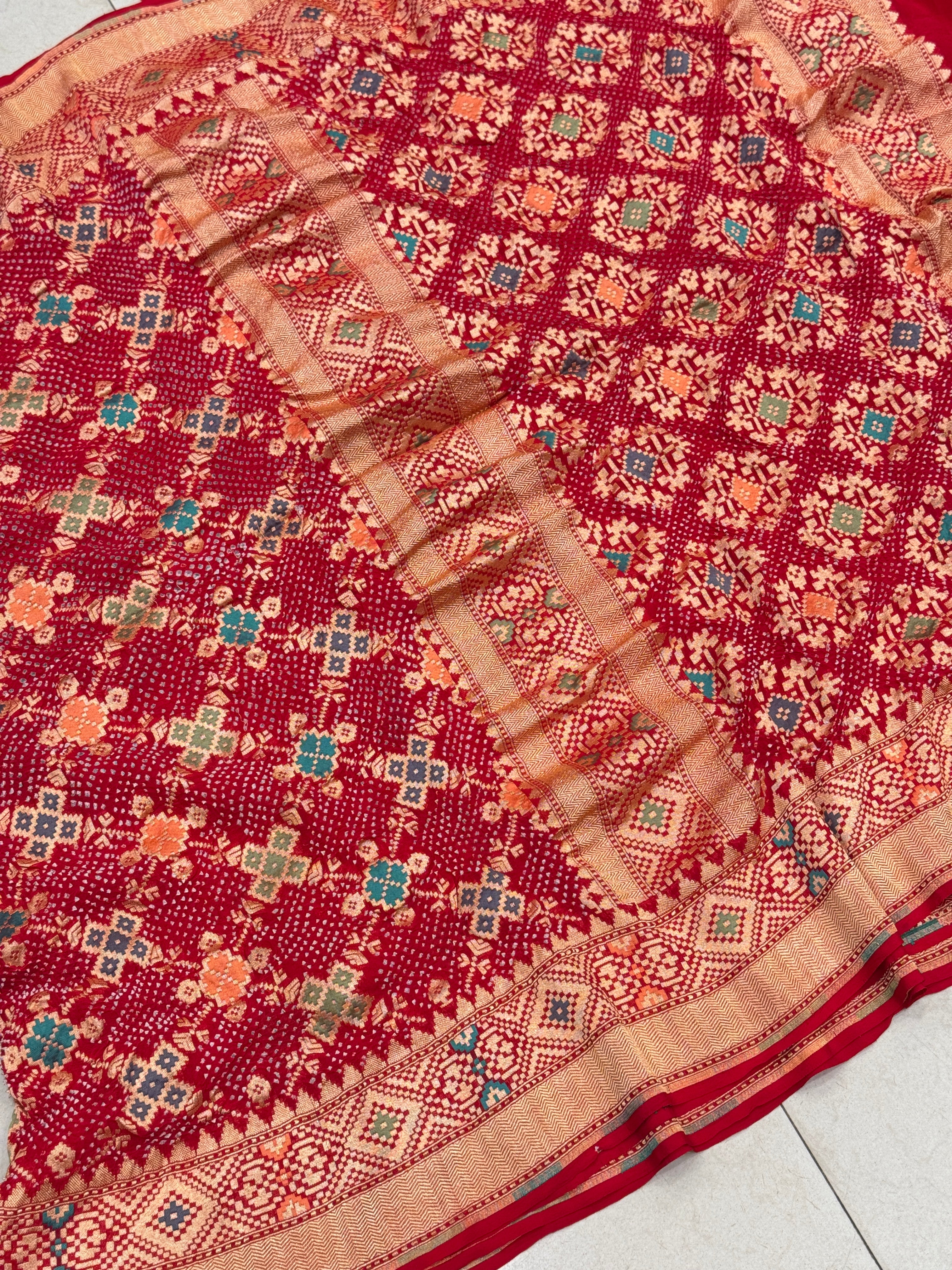 Red Handloom Meenakari Bandhej Bandhini Saree Patola Weave