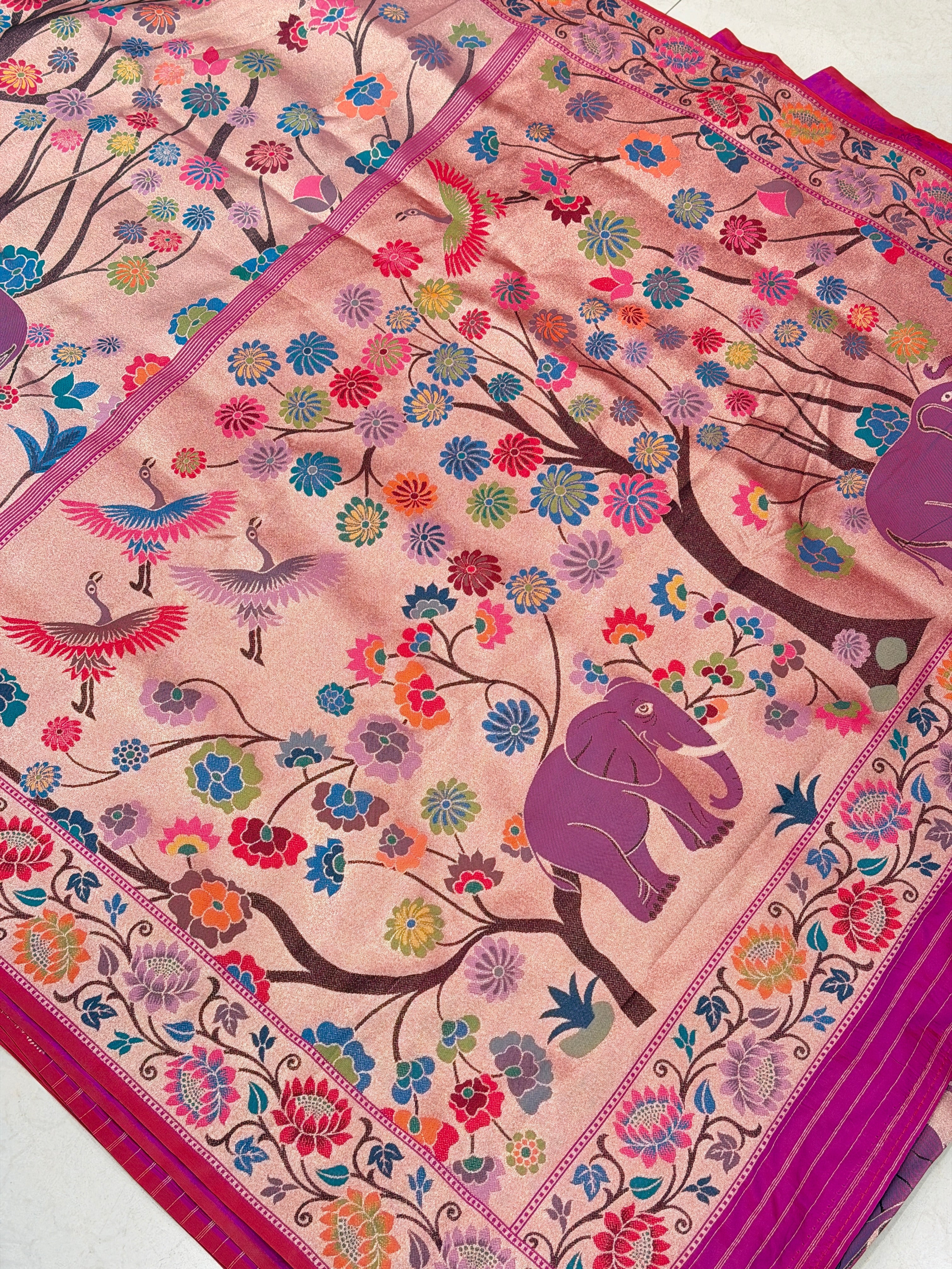 Golden Red Tissue Silk Paithani Meenakari Jaal Elephant Motif Saree