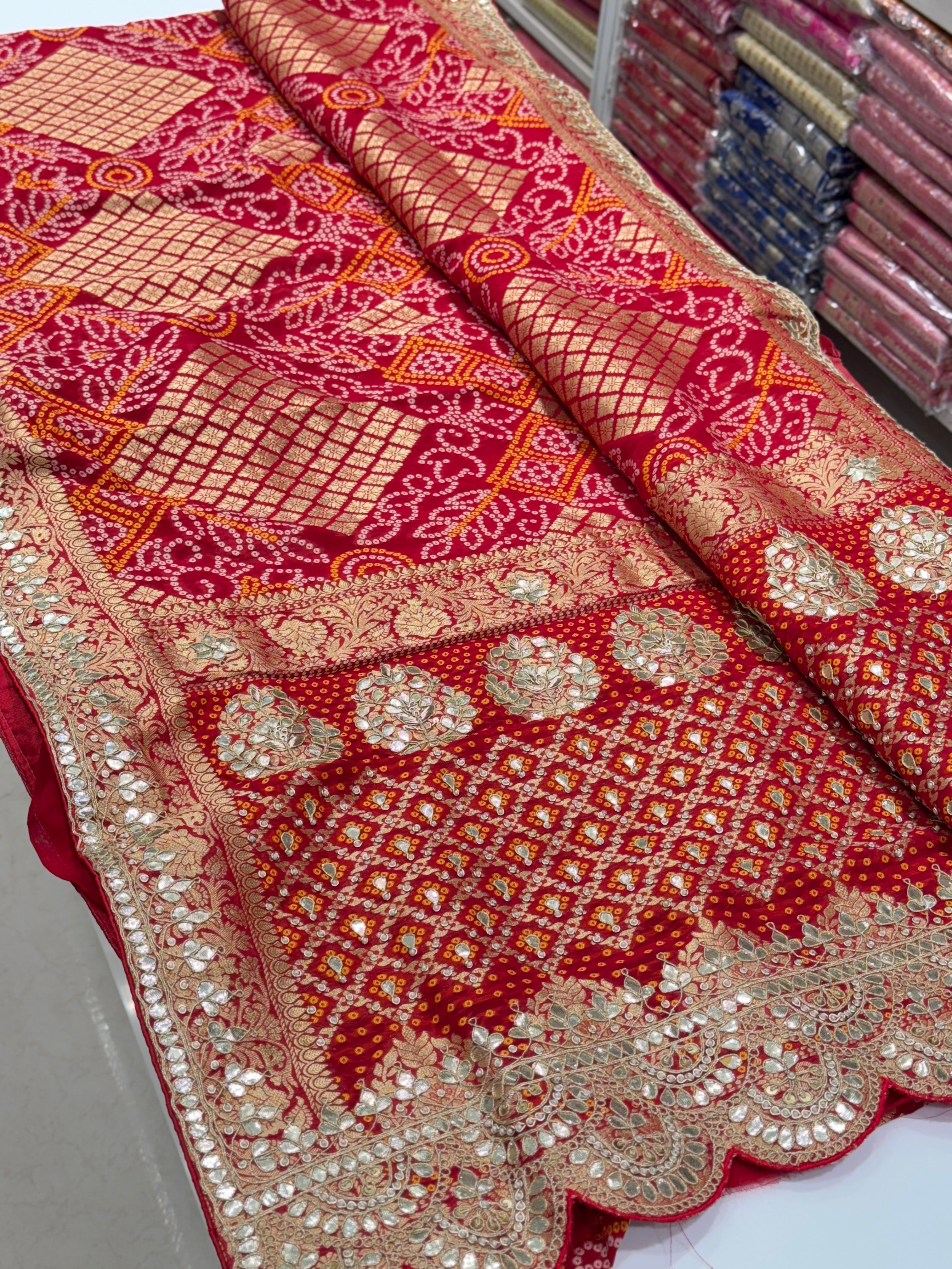 Red Woven Bandhej Gotapatti Saree